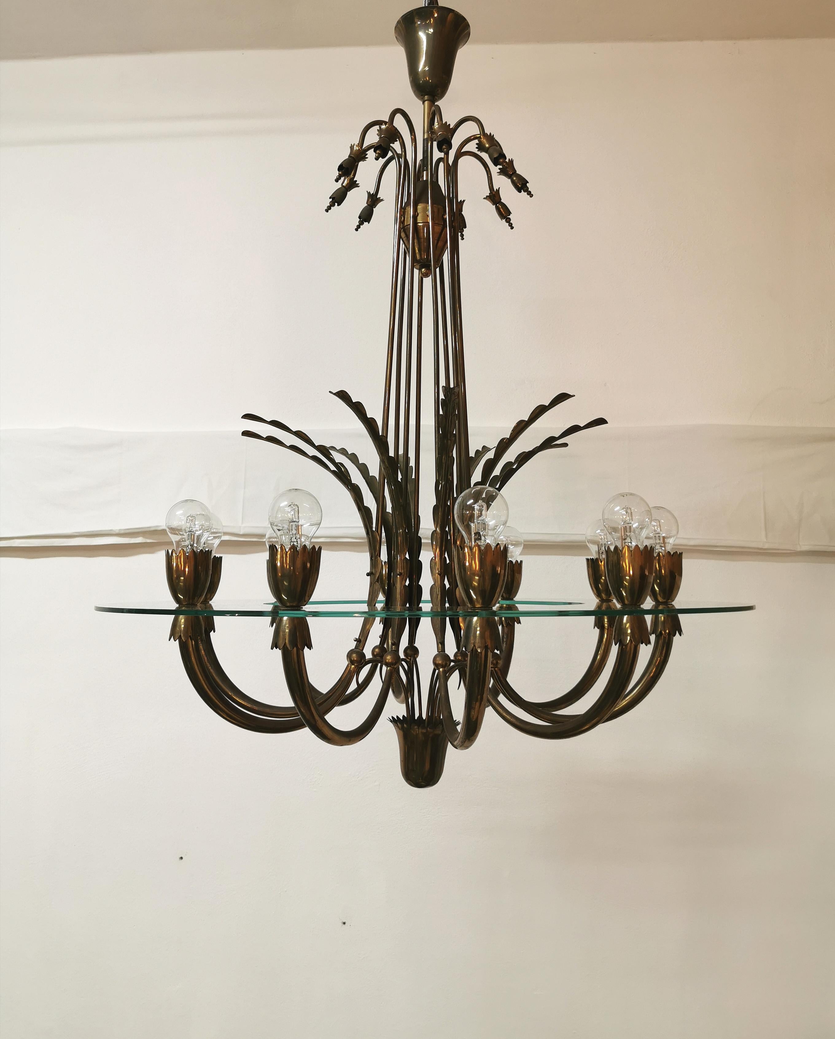 20th Century Midcentury Chandeliers Pendants Brass Monumental Round Glass Italy 1940 Set of 2