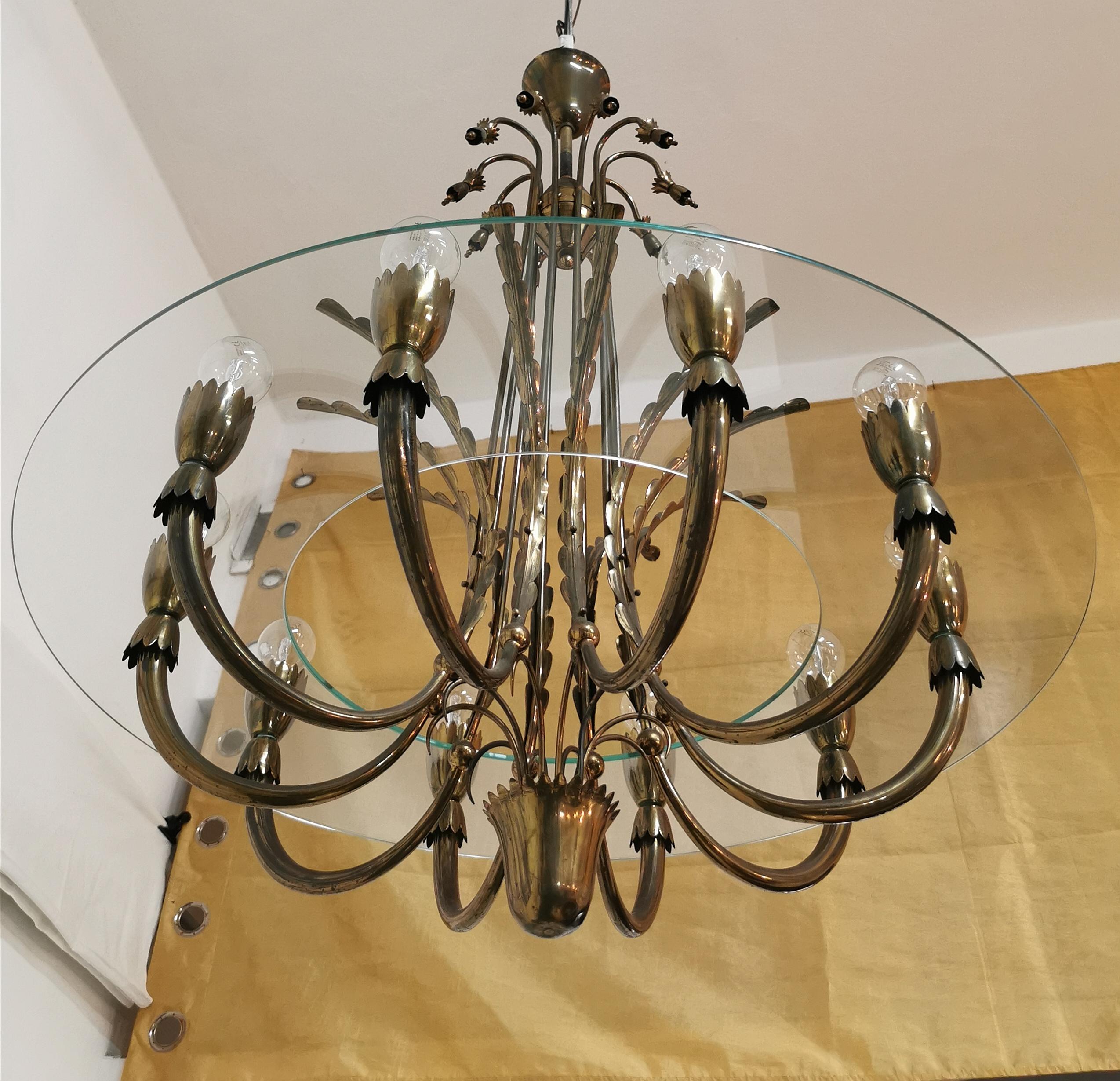 Midcentury Chandeliers Pendants Brass Monumental Round Glass Italy 1940 Set of 2 2