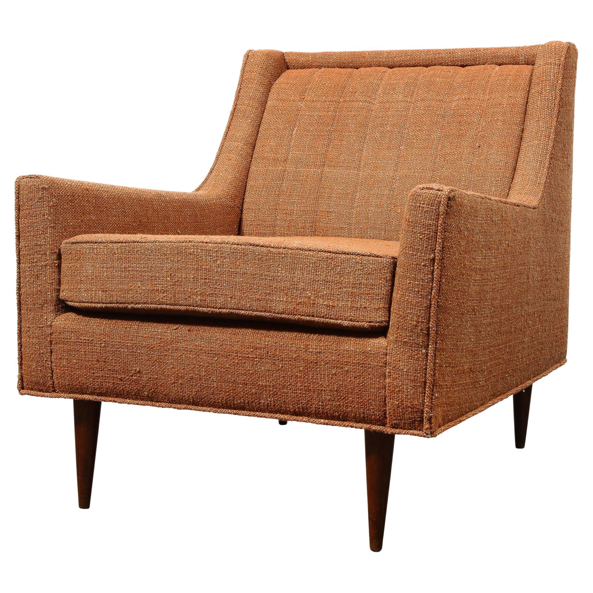 Mid-Century Channel Back Armchair W/ Ebonized Walnut Legs & Marmalade Upholstery For Sale
