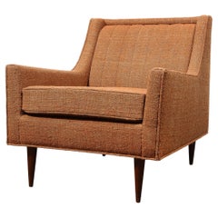 Vintage Mid-Century Channel Back Armchair W/ Ebonized Walnut Legs & Marmalade Upholstery