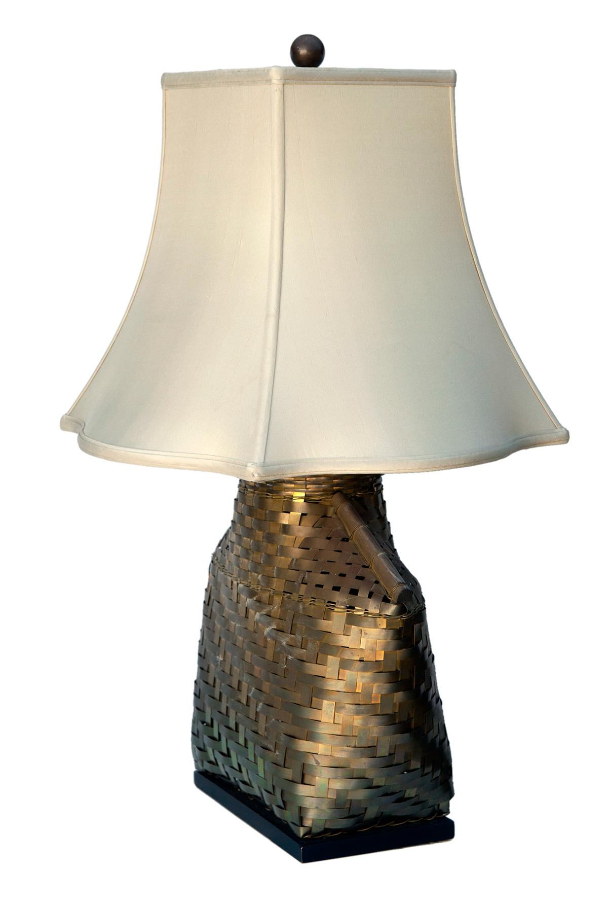 American Mid-century Chapman Woven Brass Table Lamp/Silk Shade For Sale