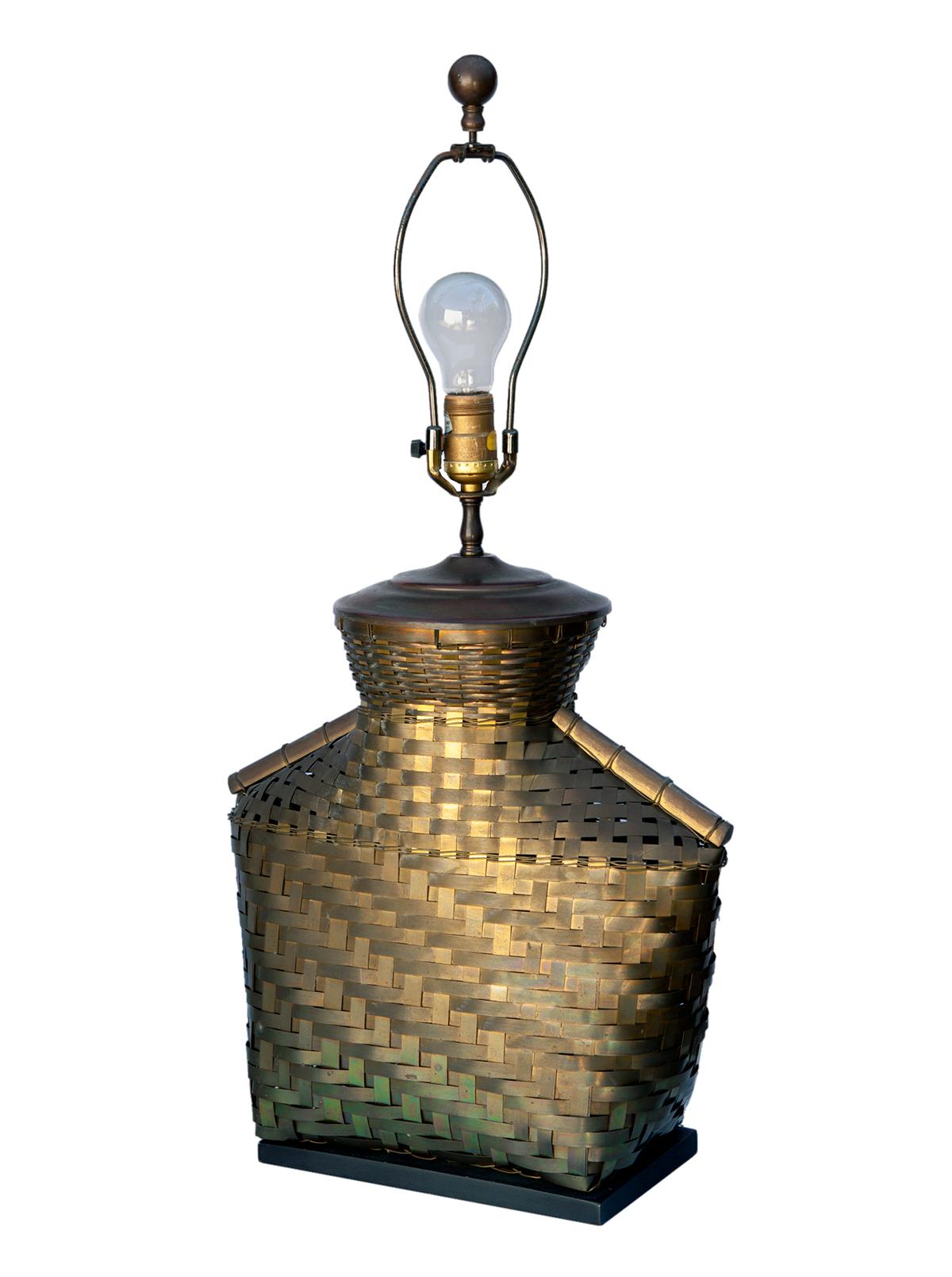 Hand-Woven Mid-century Chapman Woven Brass Table Lamp/Silk Shade For Sale