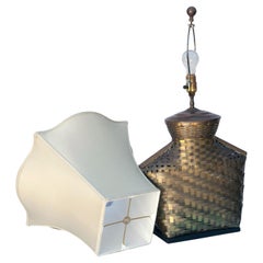 Retro Mid-century Chapman Woven Brass Table Lamp/Silk Shade