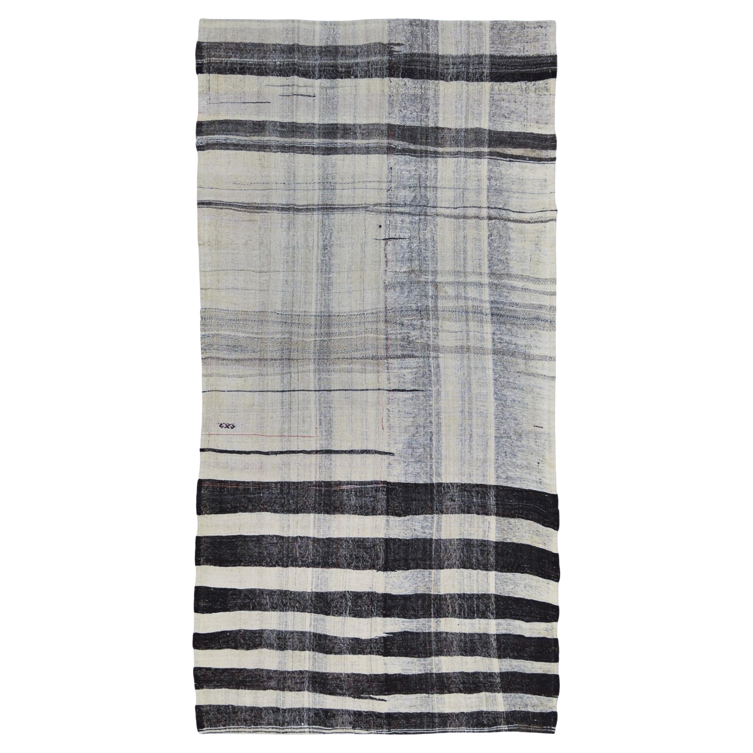 Mid-Century Charcoal and Beige Wool Kilim 5'9''x11'10''