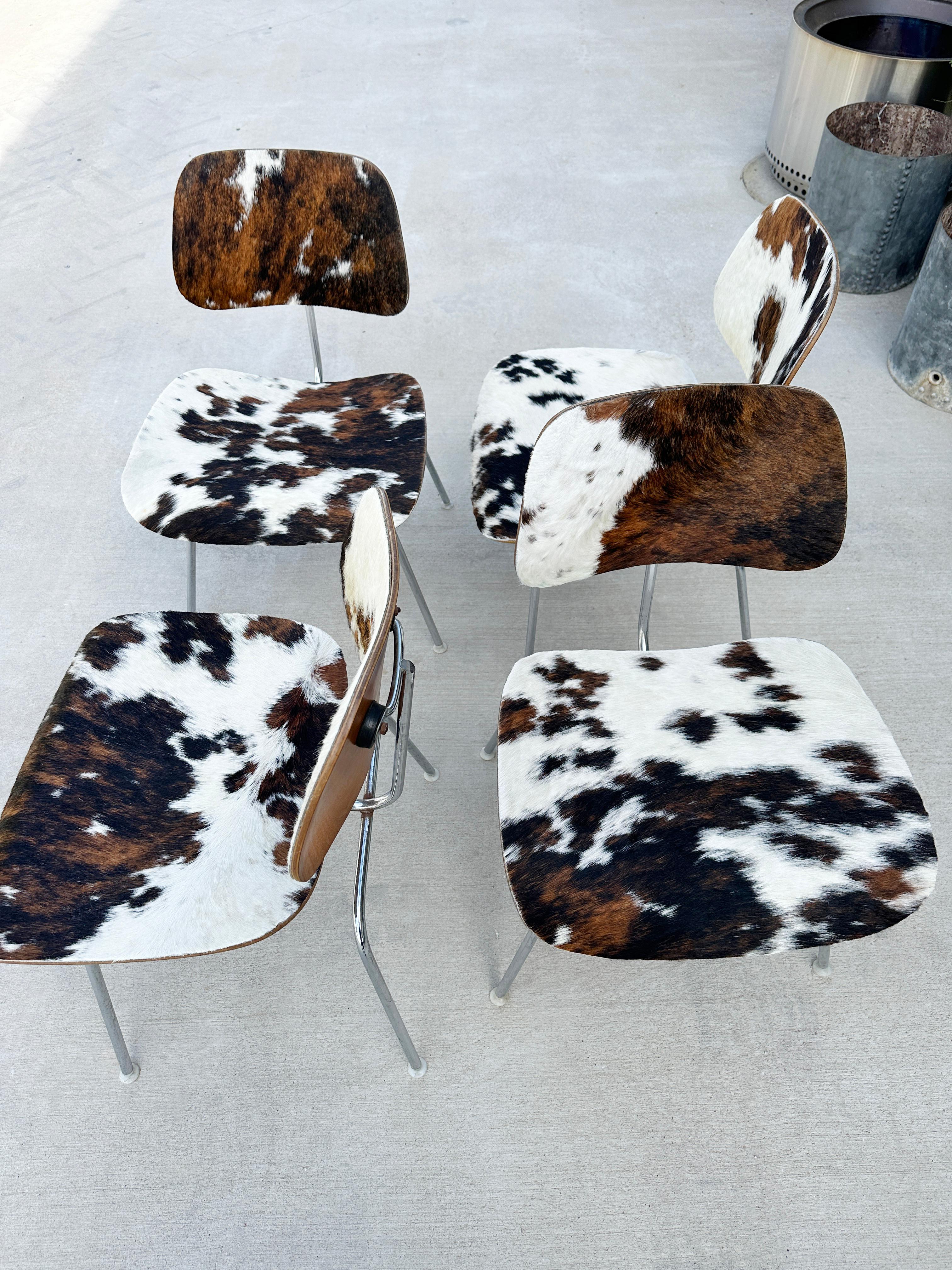 Mid- Century Charles and Ray Eames DCM Chairs in Original Cowhide, Set of Four 4