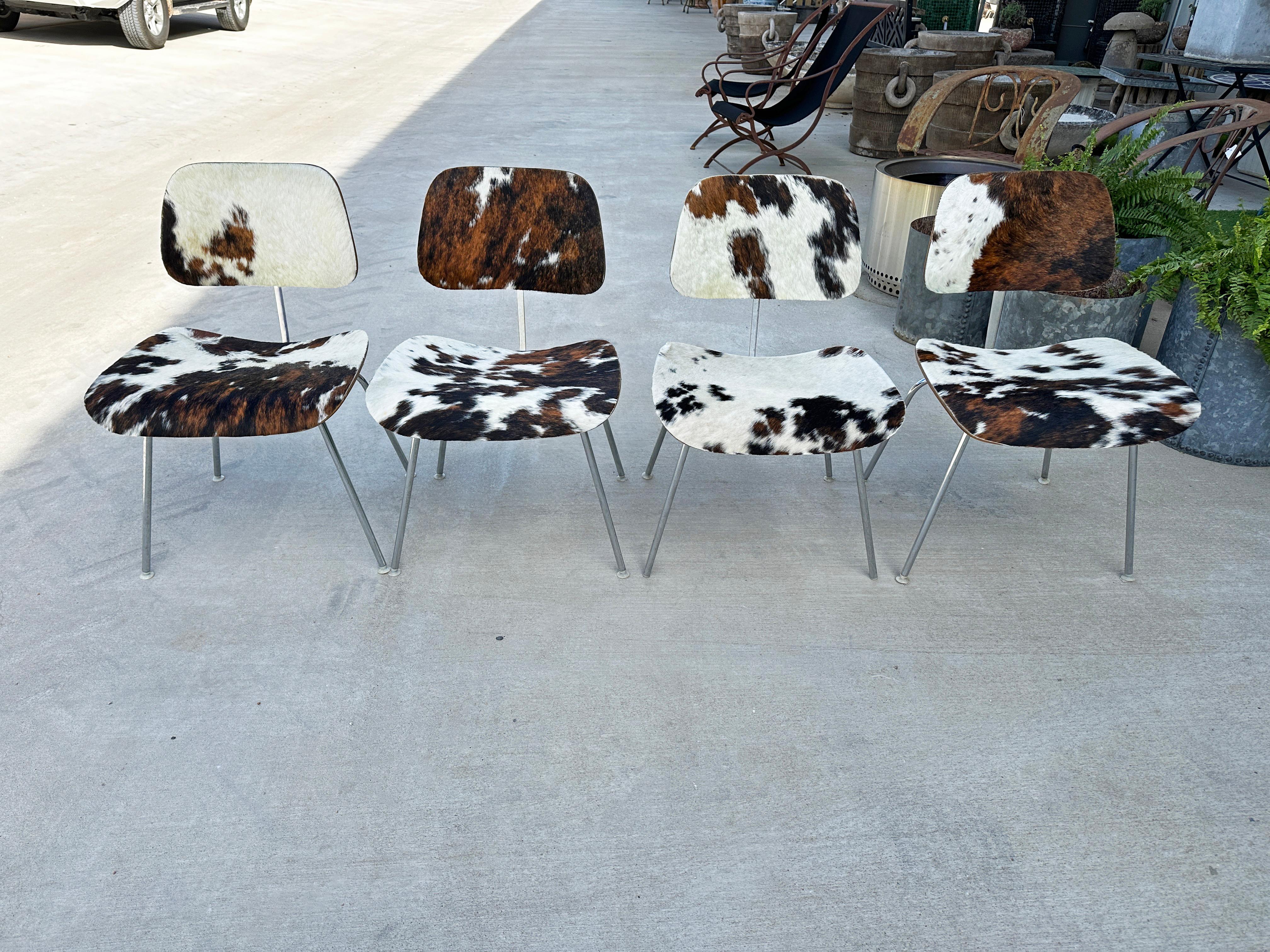 Mid- Century Charles and Ray Eames DCM Chairs in Original Cowhide, Set of Four 9