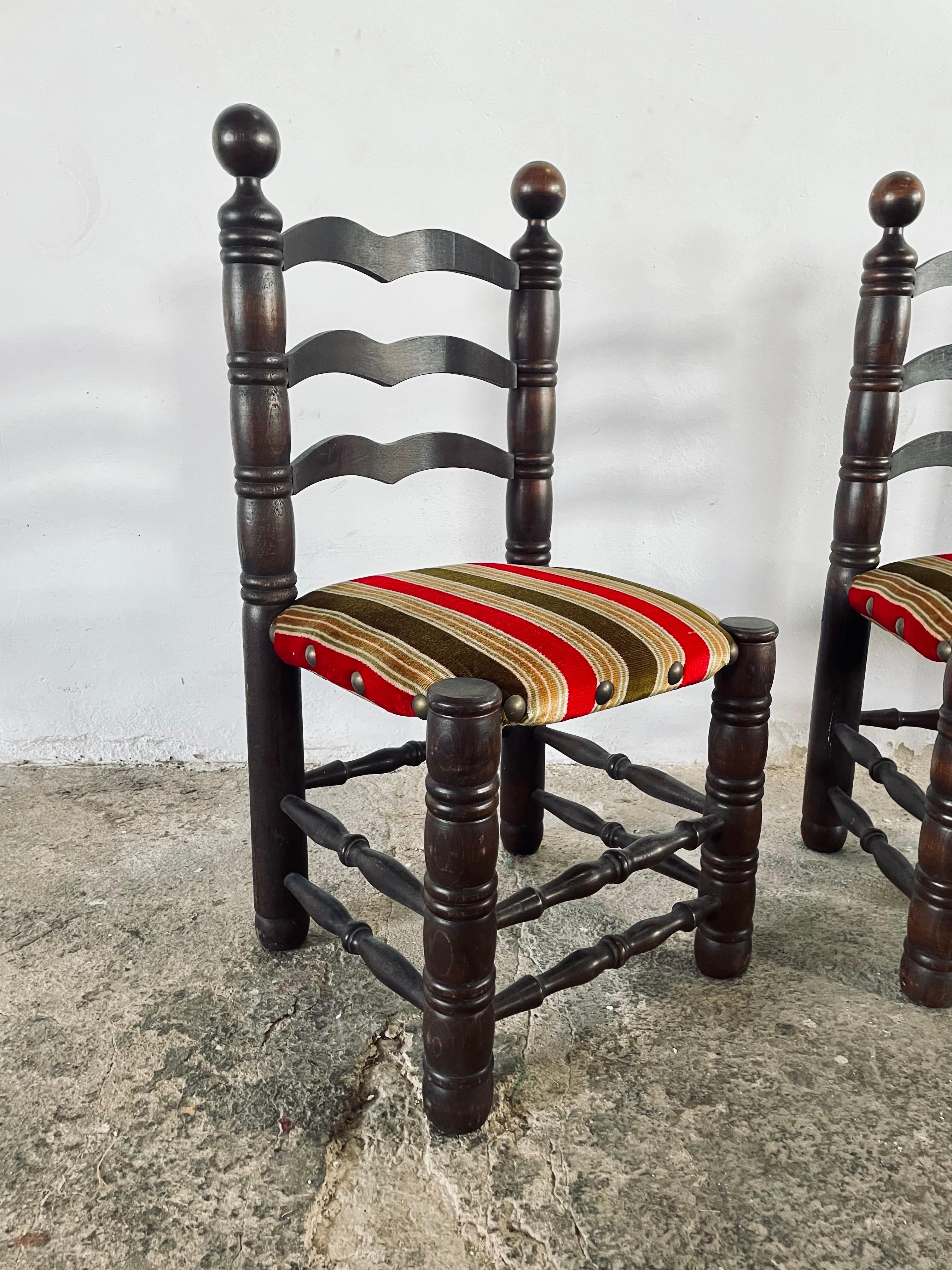 Mid Century Charles Dudouyt Oak & Fabric Seat Ladder-Back Chairs, France 1940s For Sale 5