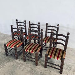 Mid Century Charles Dudouyt Oak & Fabric Seat Ladder-Back Chairs, France 1940s