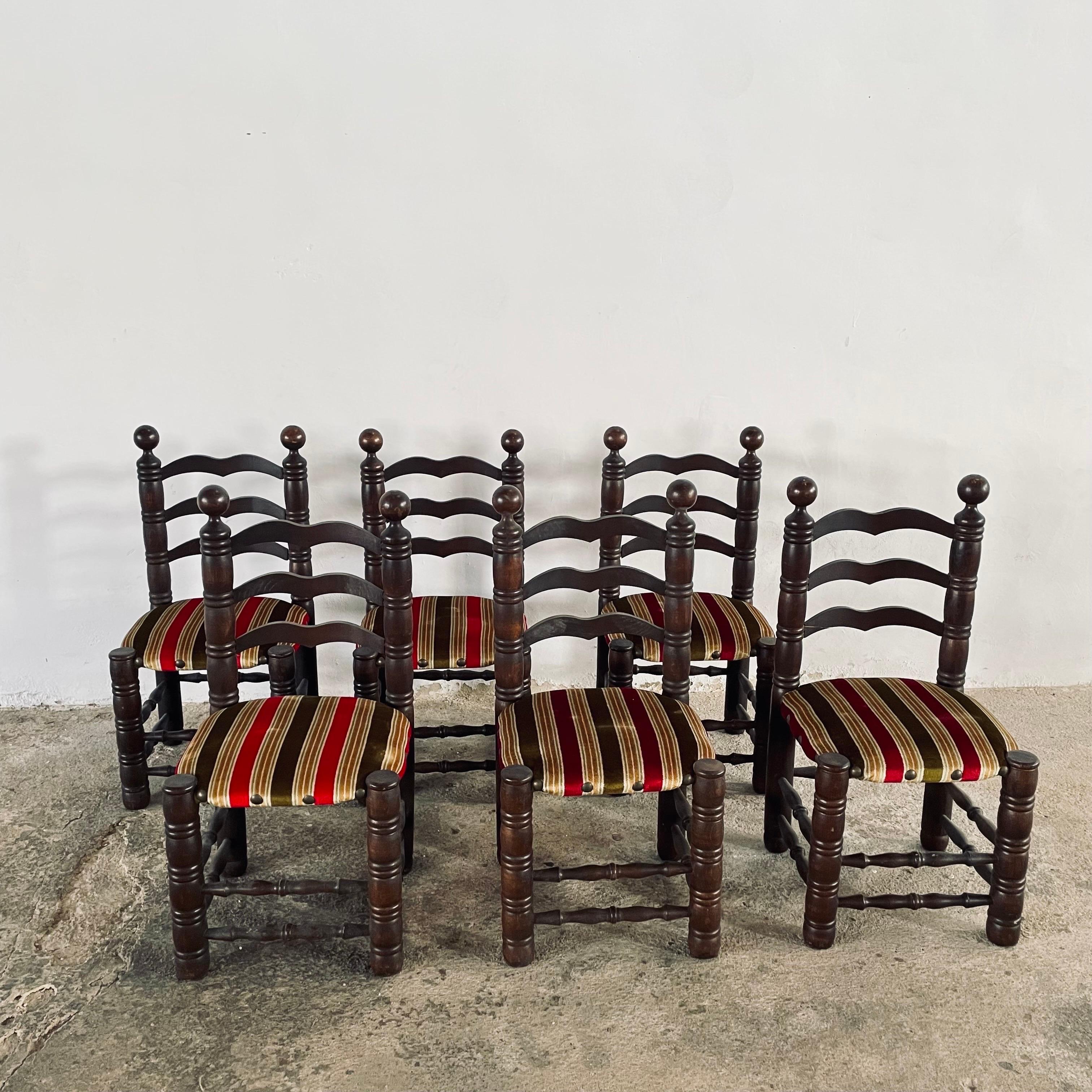 French Mid Century Charles Dudouyt Oak & Fabric Seat Ladder-Back Chairs, France 1940s For Sale