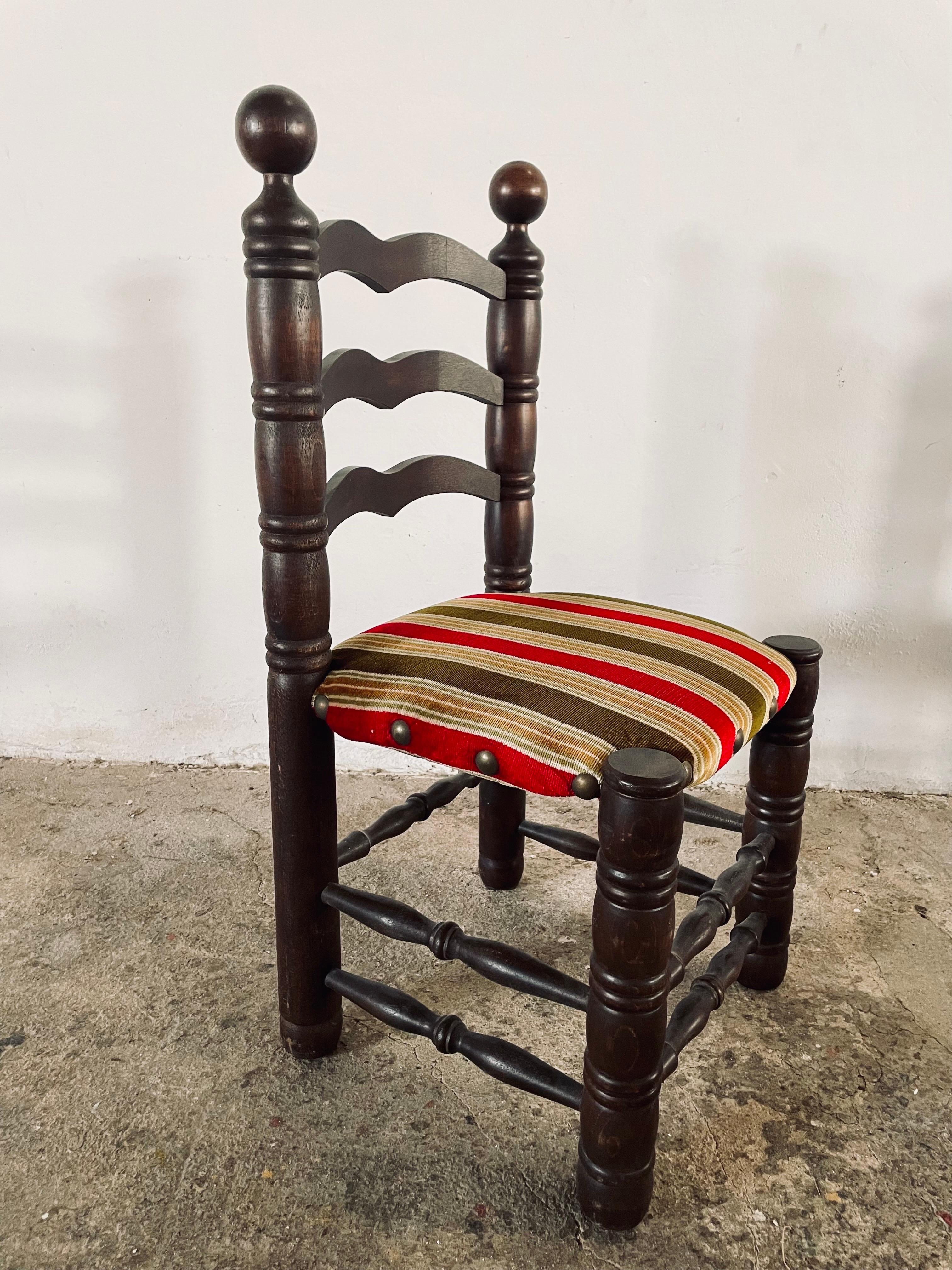 Mid Century Charles Dudouyt Oak & Fabric Seat Ladder-Back Chairs, France 1940s For Sale 1