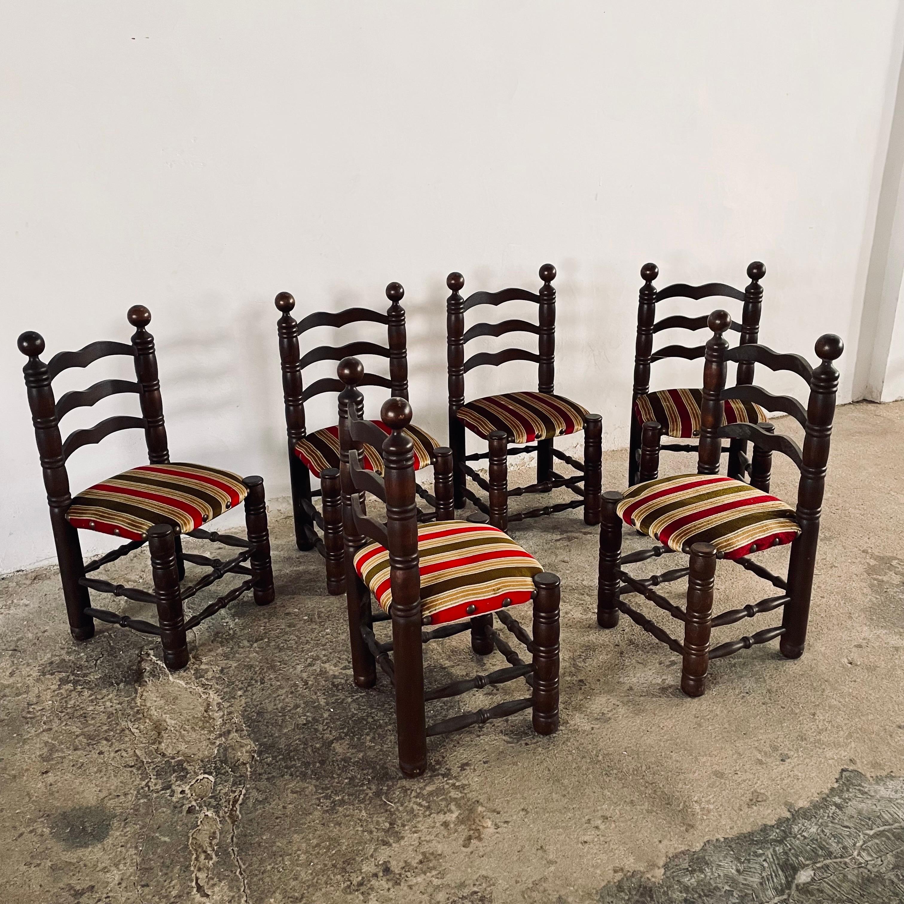 Mid Century Charles Dudouyt Oak & Fabric Seat Ladder-Back Chairs, France 1940s For Sale 4
