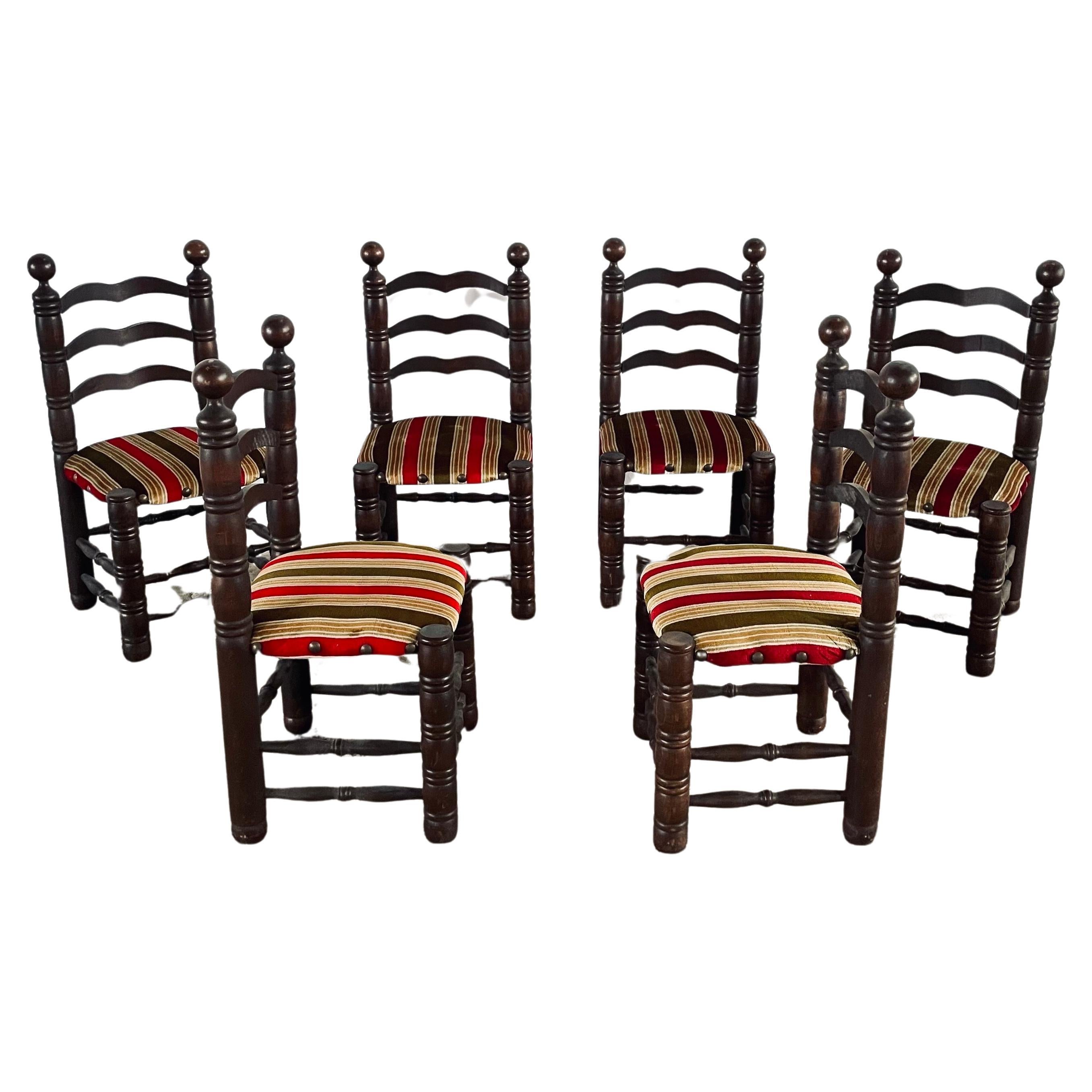 Mid Century Charles Dudouyt Oak & Fabric Seat Ladder-Back Chairs, France 1940s For Sale