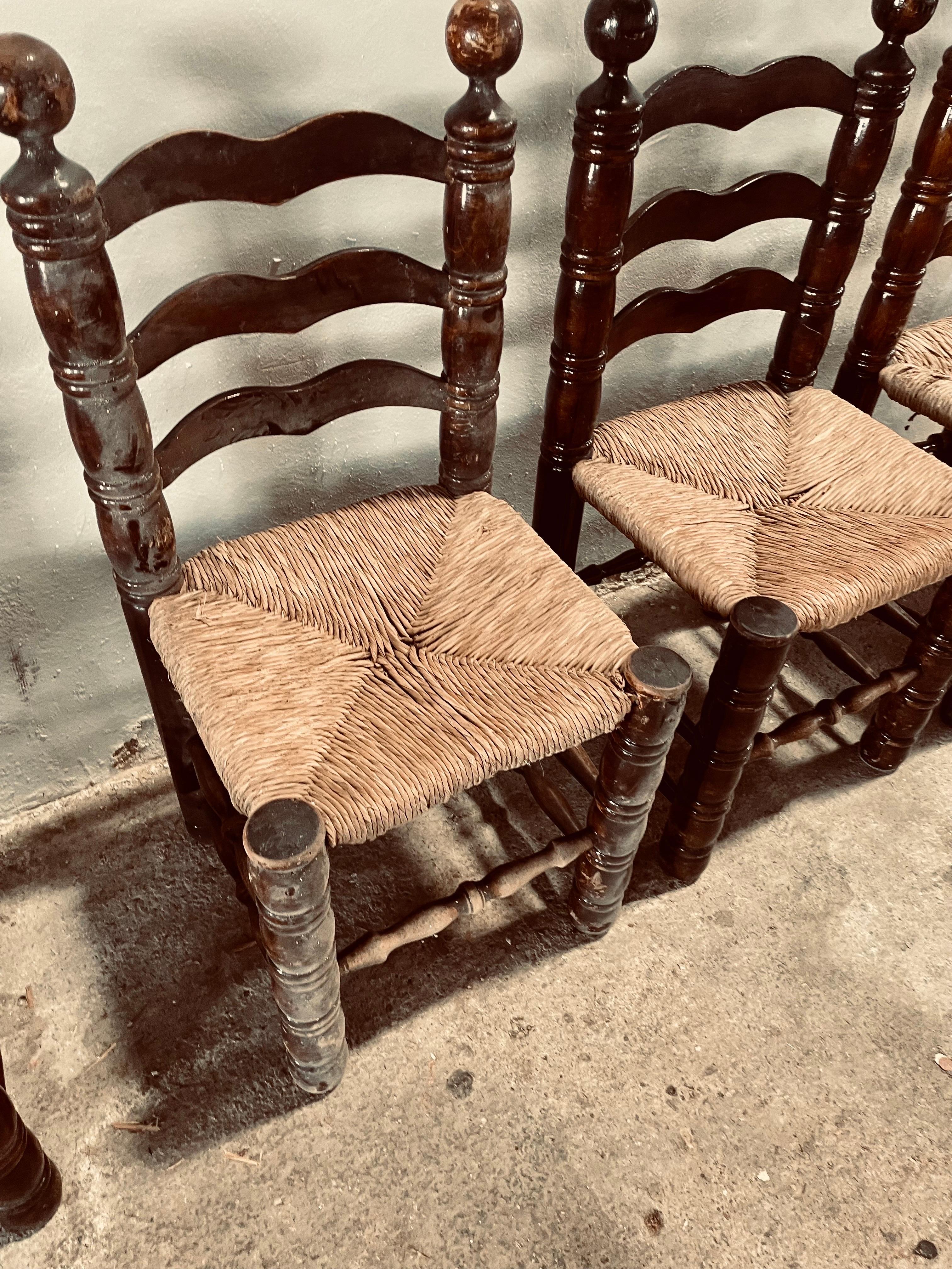 Mid Century Charles Dudouyt Oak & Rush Seat Ladder-Back Chairs, France 1940s 5