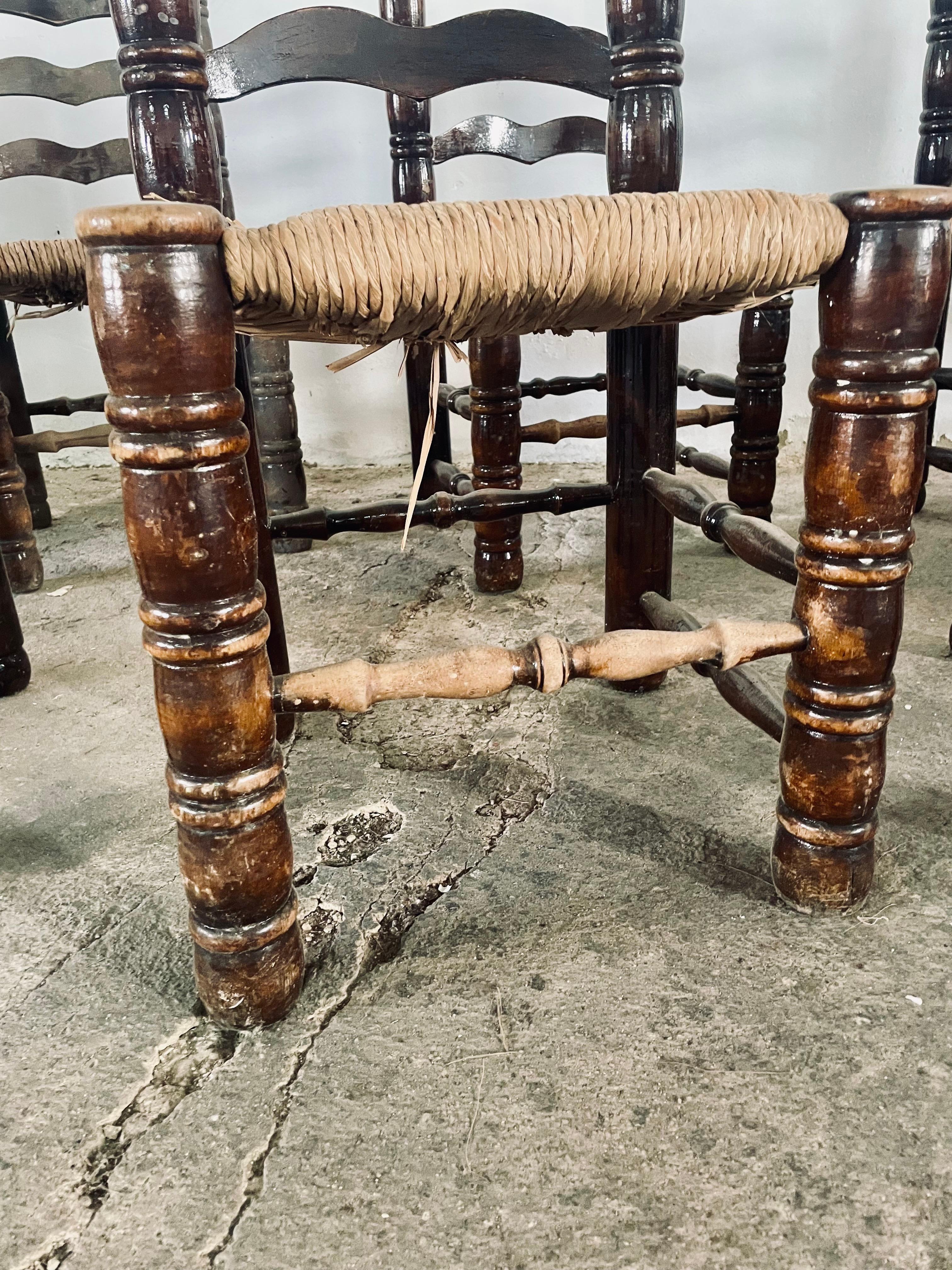 Mid Century Charles Dudouyt Oak & Rush Seat Ladder-Back Chairs, France 1940s For Sale 5
