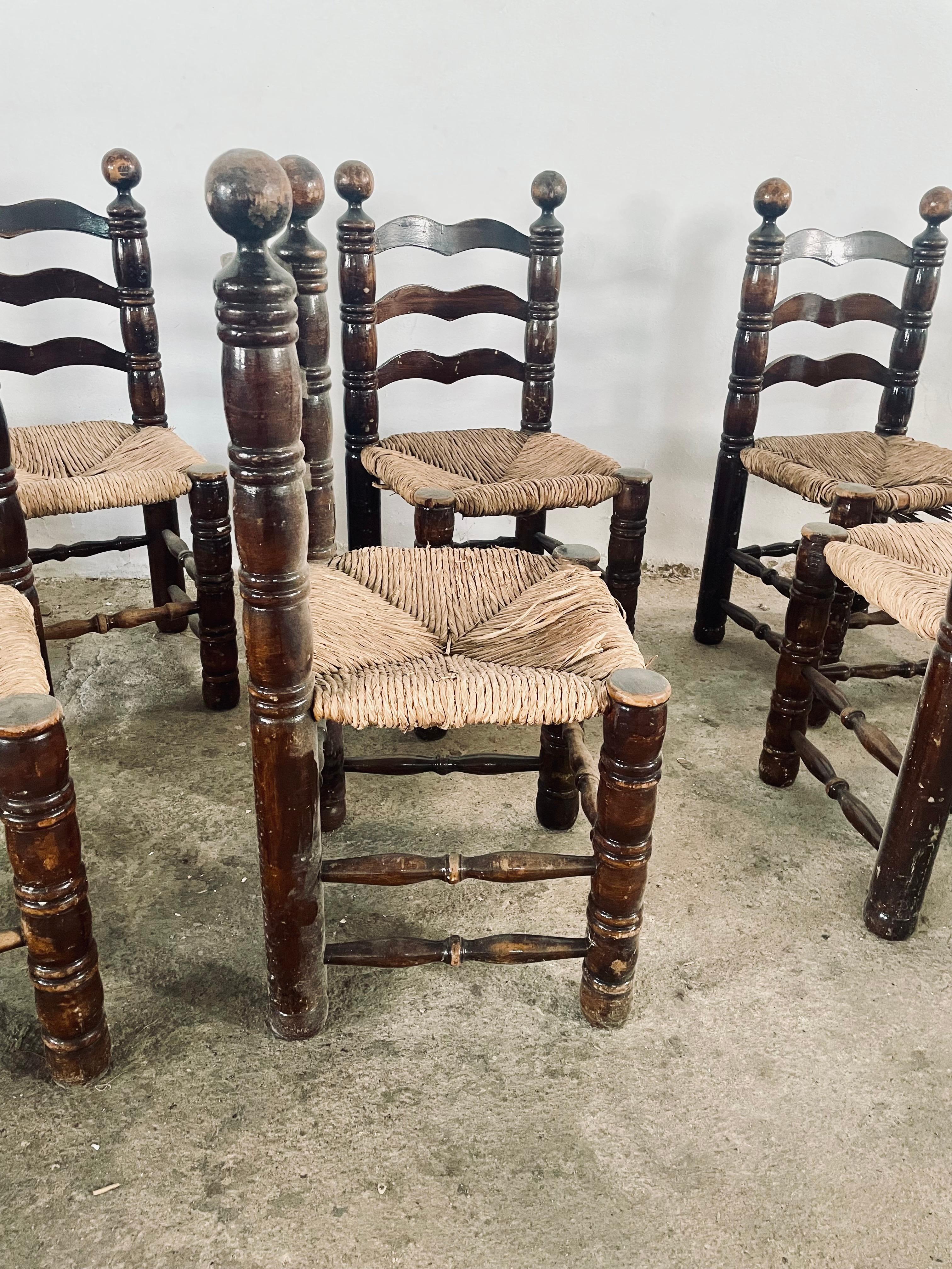 Mid Century Charles Dudouyt Oak & Rush Seat Ladder-Back Chairs, France 1940s For Sale 7