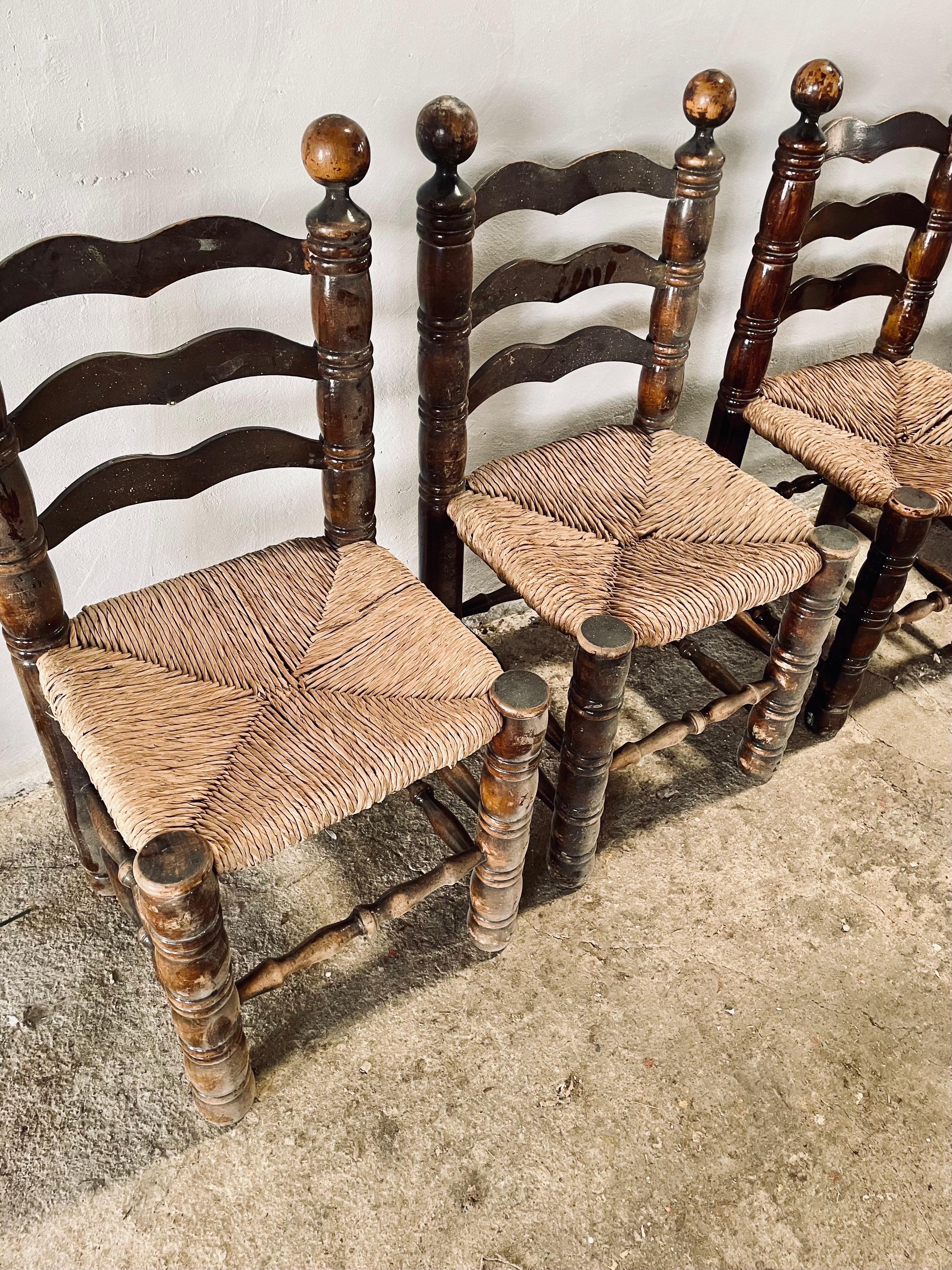 French Mid Century Charles Dudouyt Oak & Rush Seat Ladder-Back Chairs, France 1940s