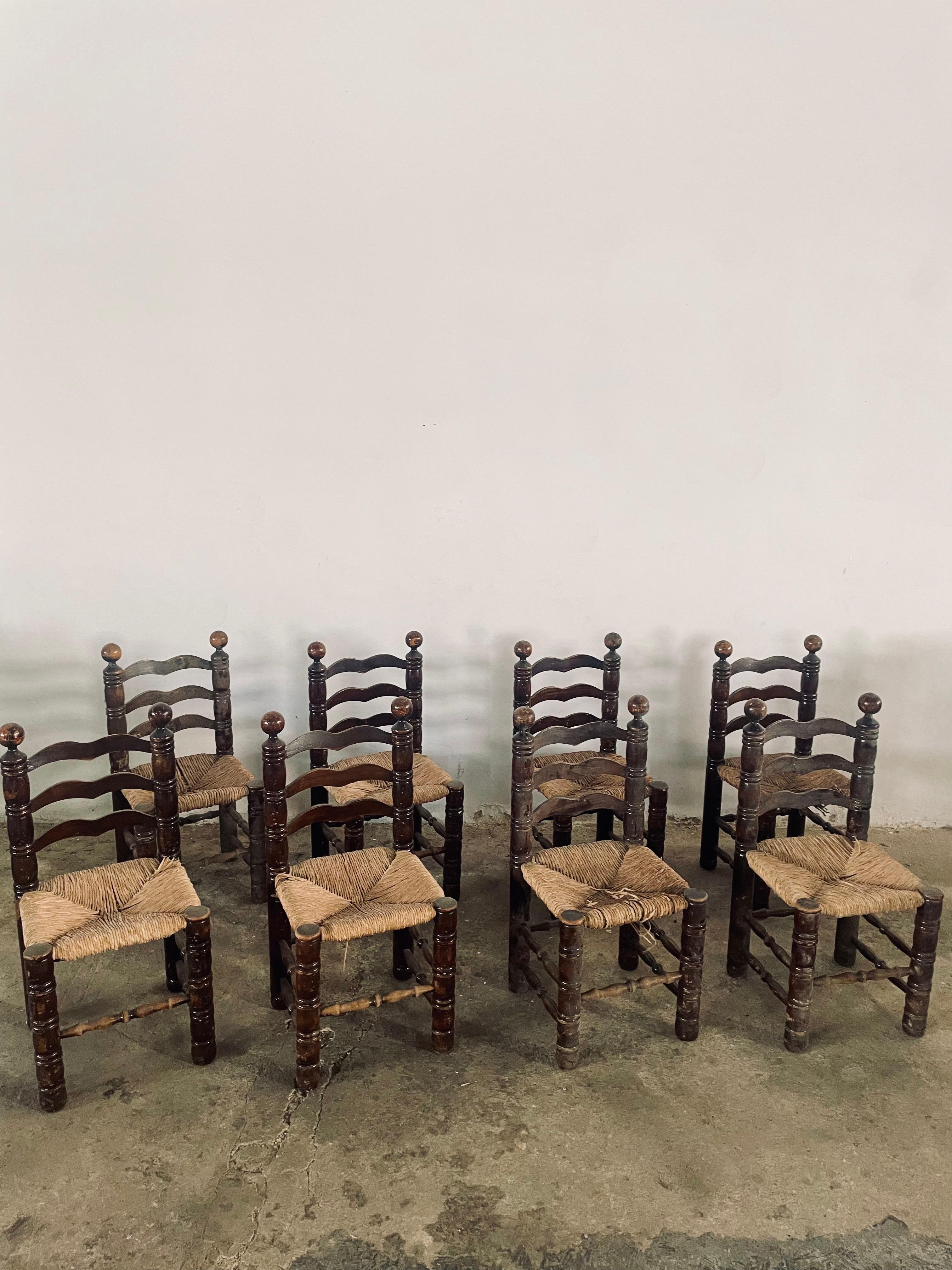 French Mid Century Charles Dudouyt Oak & Rush Seat Ladder-Back Chairs, France 1940s For Sale