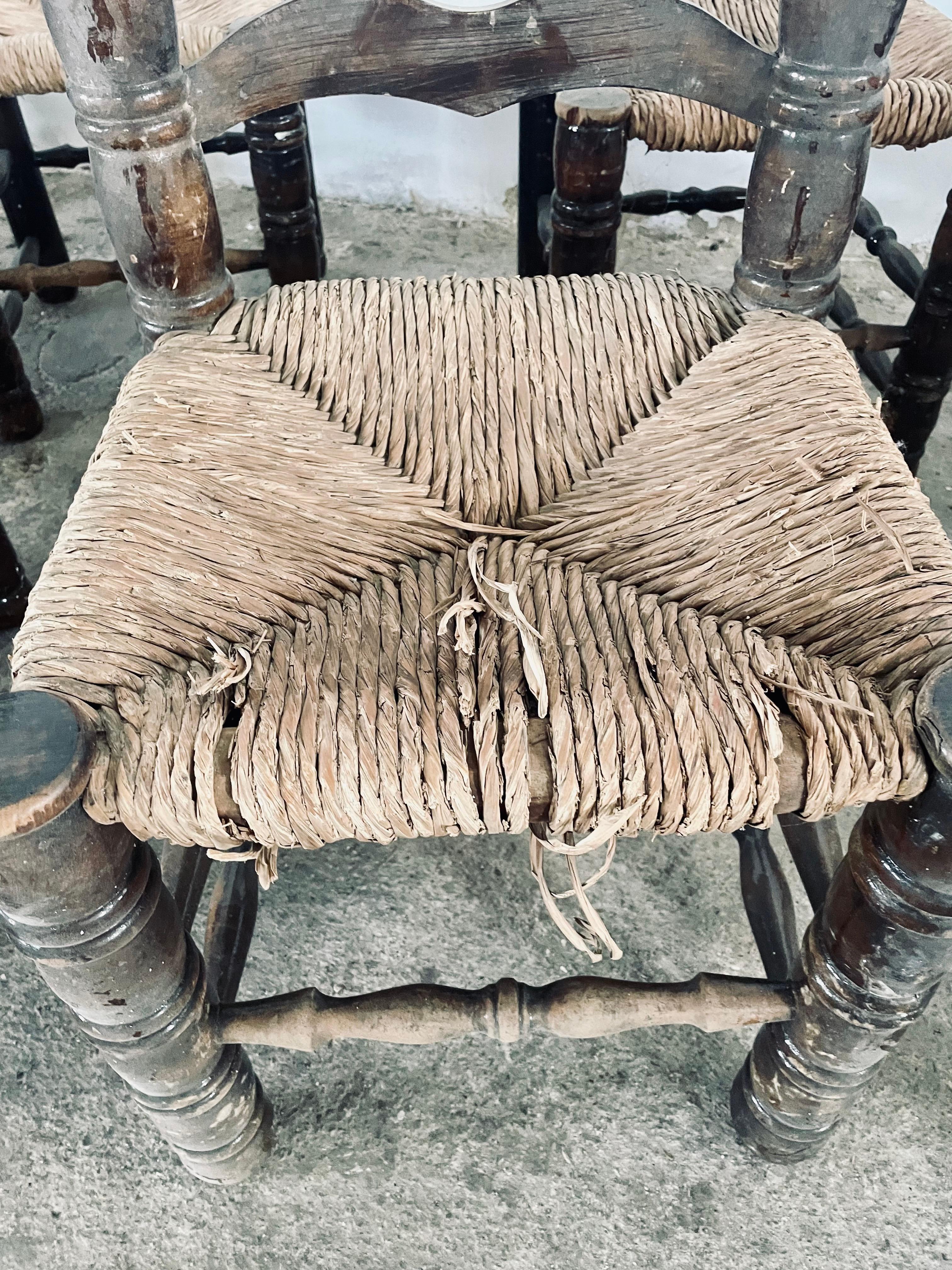 Mid Century Charles Dudouyt Oak & Rush Seat Ladder-Back Chairs, France 1940s In Fair Condition For Sale In PEGO, Alicante