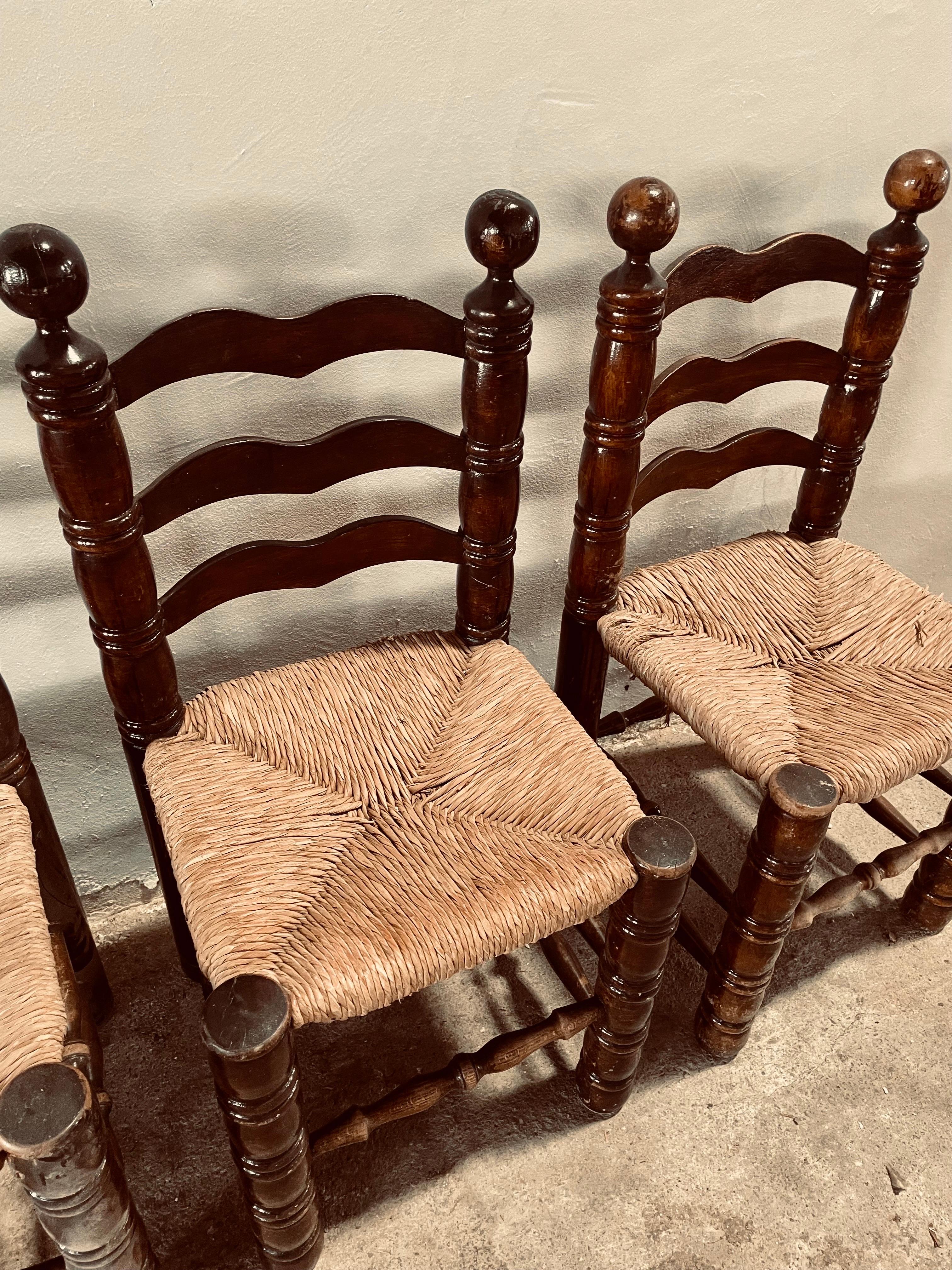 20th Century Mid Century Charles Dudouyt Oak & Rush Seat Ladder-Back Chairs, France 1940s