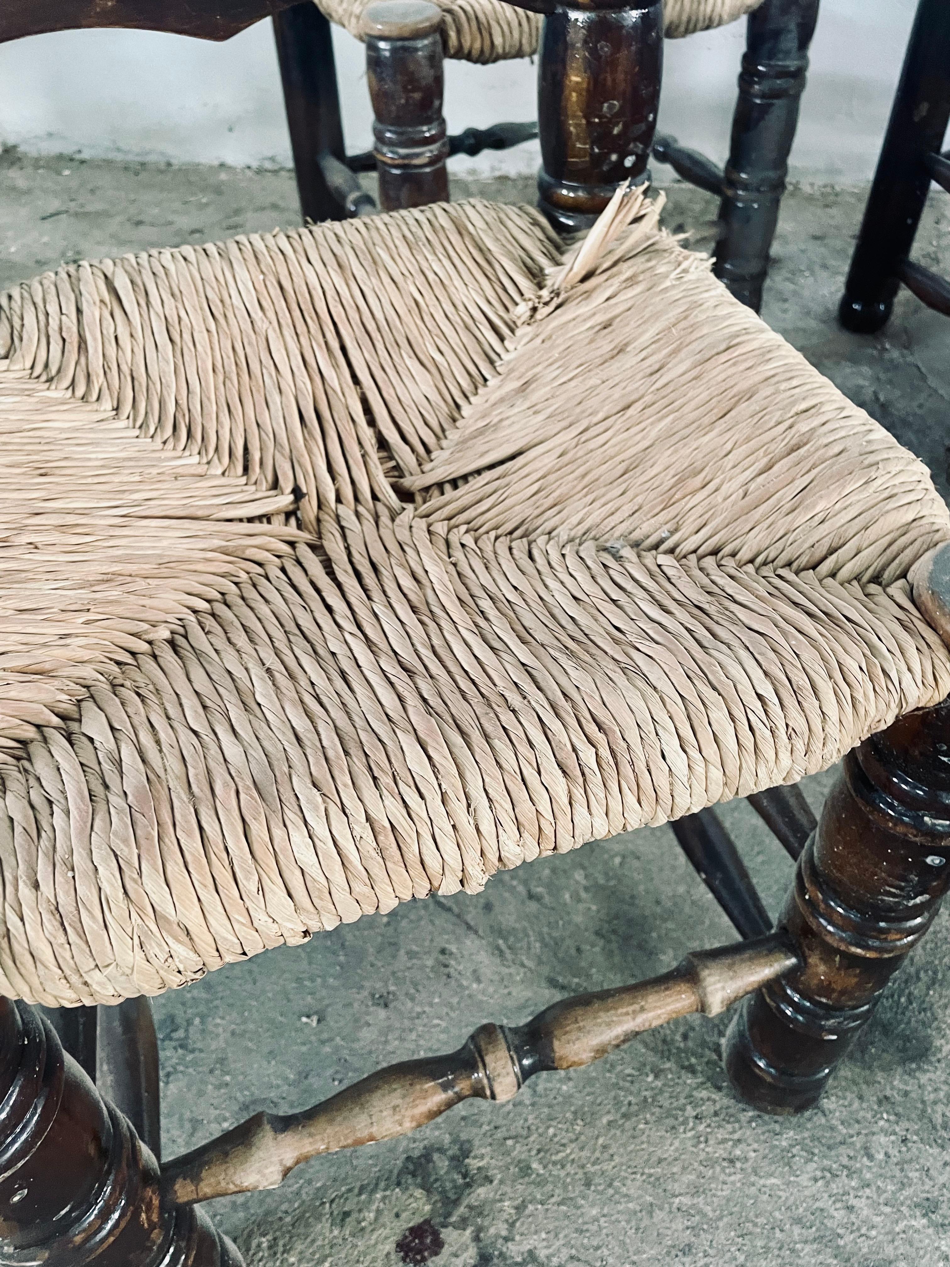 Mid Century Charles Dudouyt Oak & Rush Seat Ladder-Back Chairs, France 1940s For Sale 1