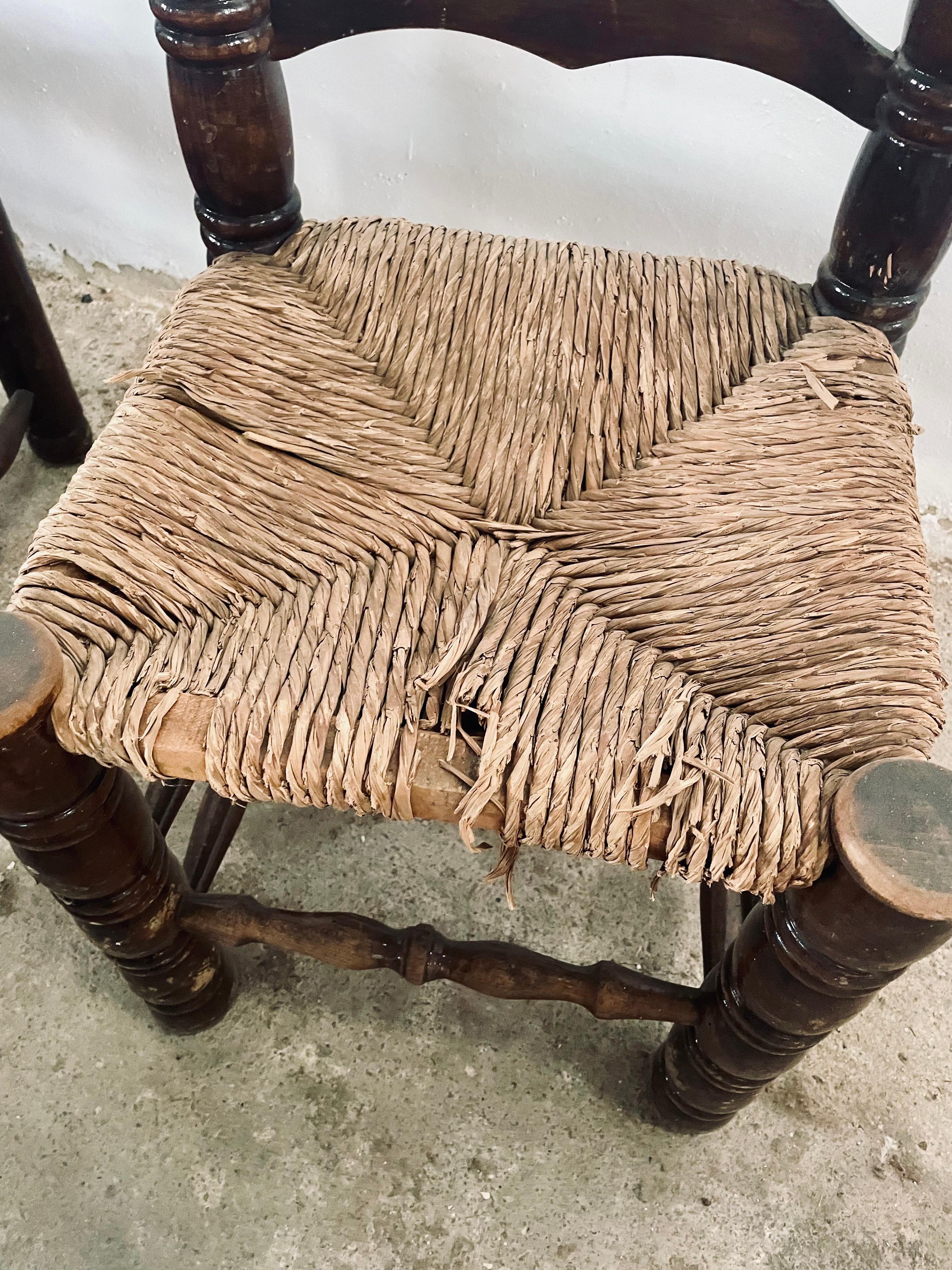 Mid Century Charles Dudouyt Oak & Rush Seat Ladder-Back Chairs, France 1940s For Sale 3