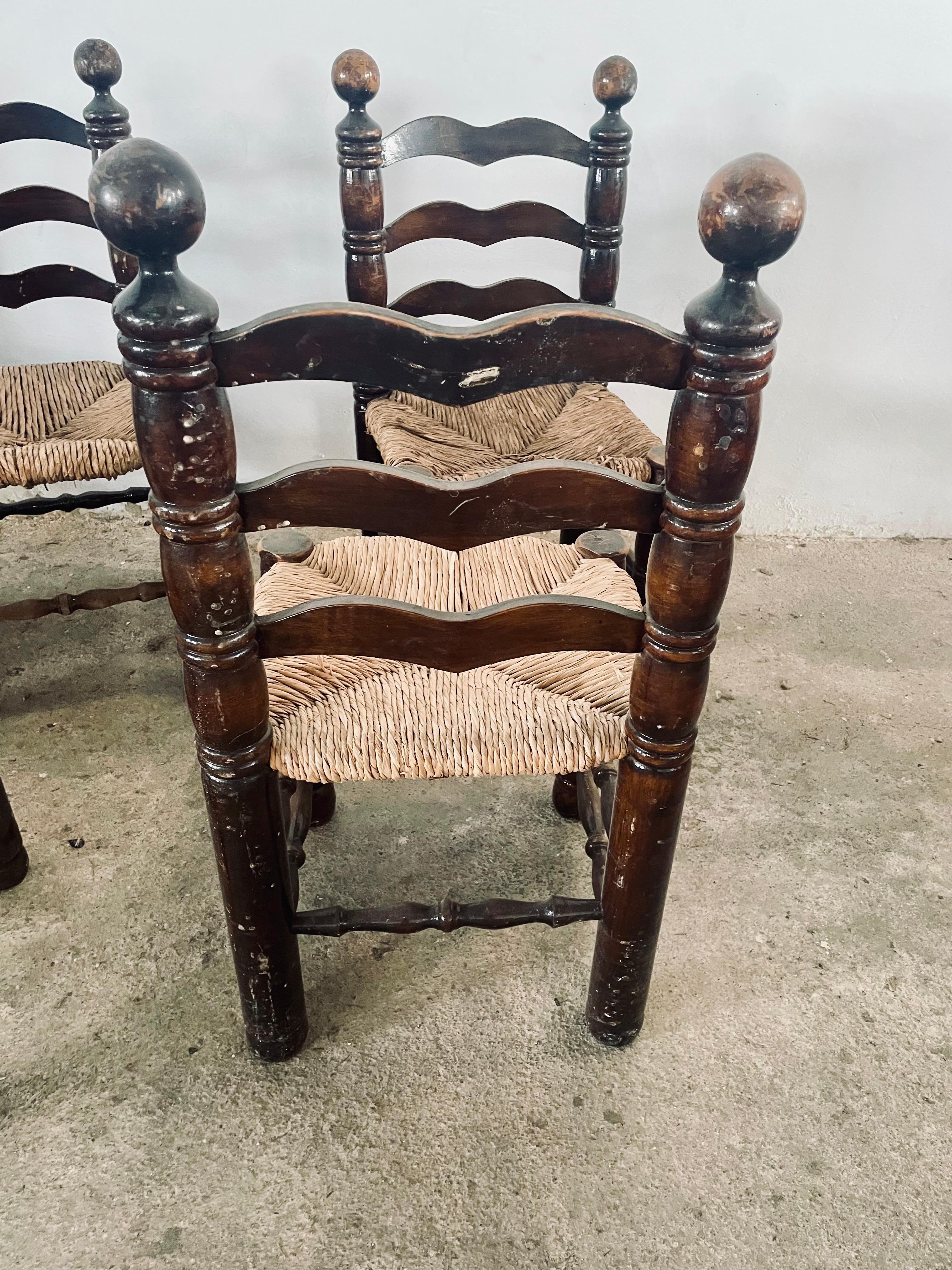 Mid Century Charles Dudouyt Oak & Rush Seat Ladder-Back Chairs, France 1940s For Sale 4