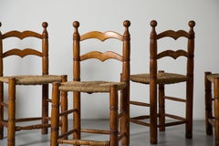 Mid-Century Charles Dudouyt Style Oak & Rush Seat Dining Chairs, France 1940s