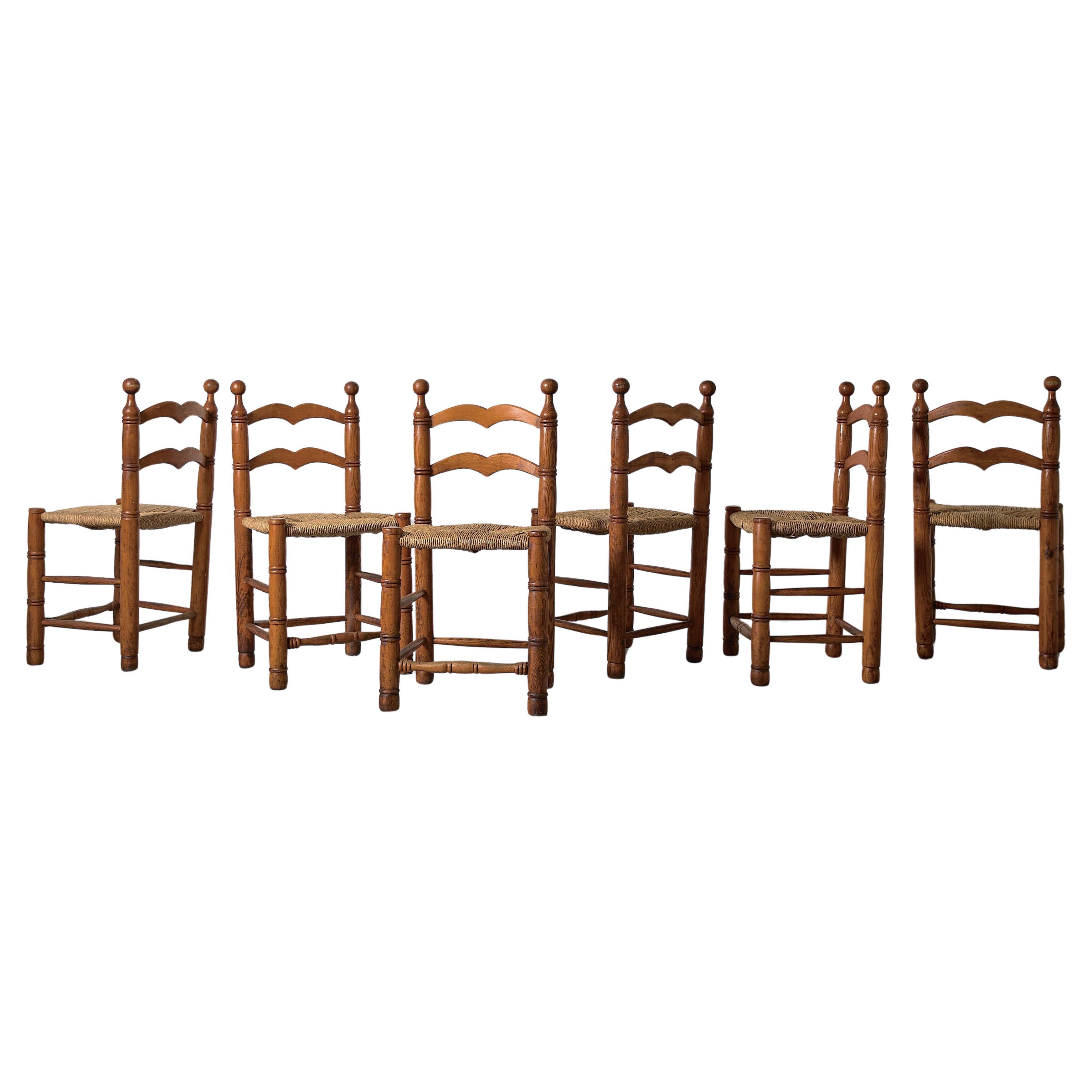 Mid-Century Charles Dudouyt Style Oak 
Rush Seat Dining Chairs, France 1940s im Angebot