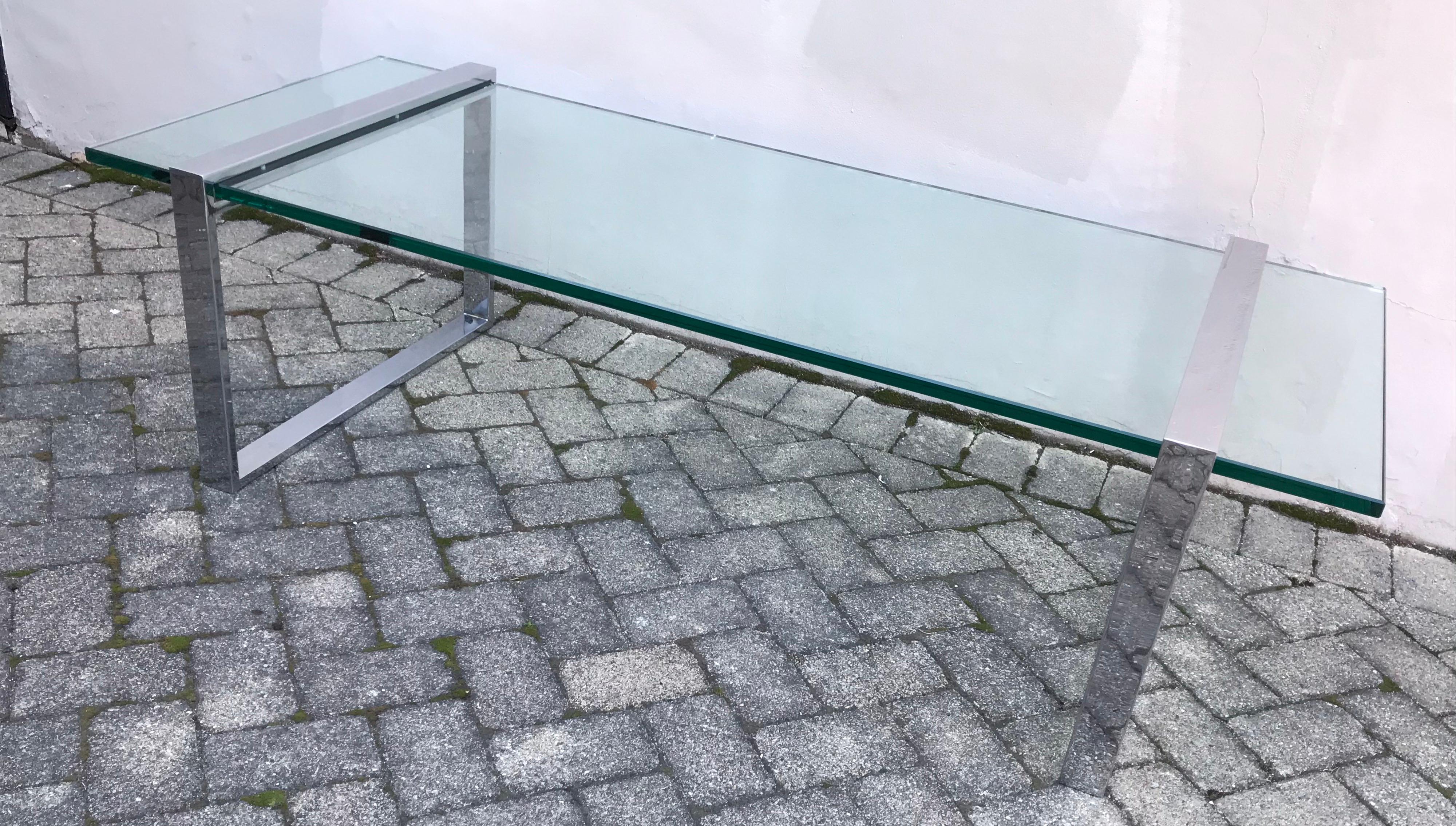 Mid Century Charles Hollis Jones Style “ Box Line” Coffee Table Chrome and Glass For Sale 2
