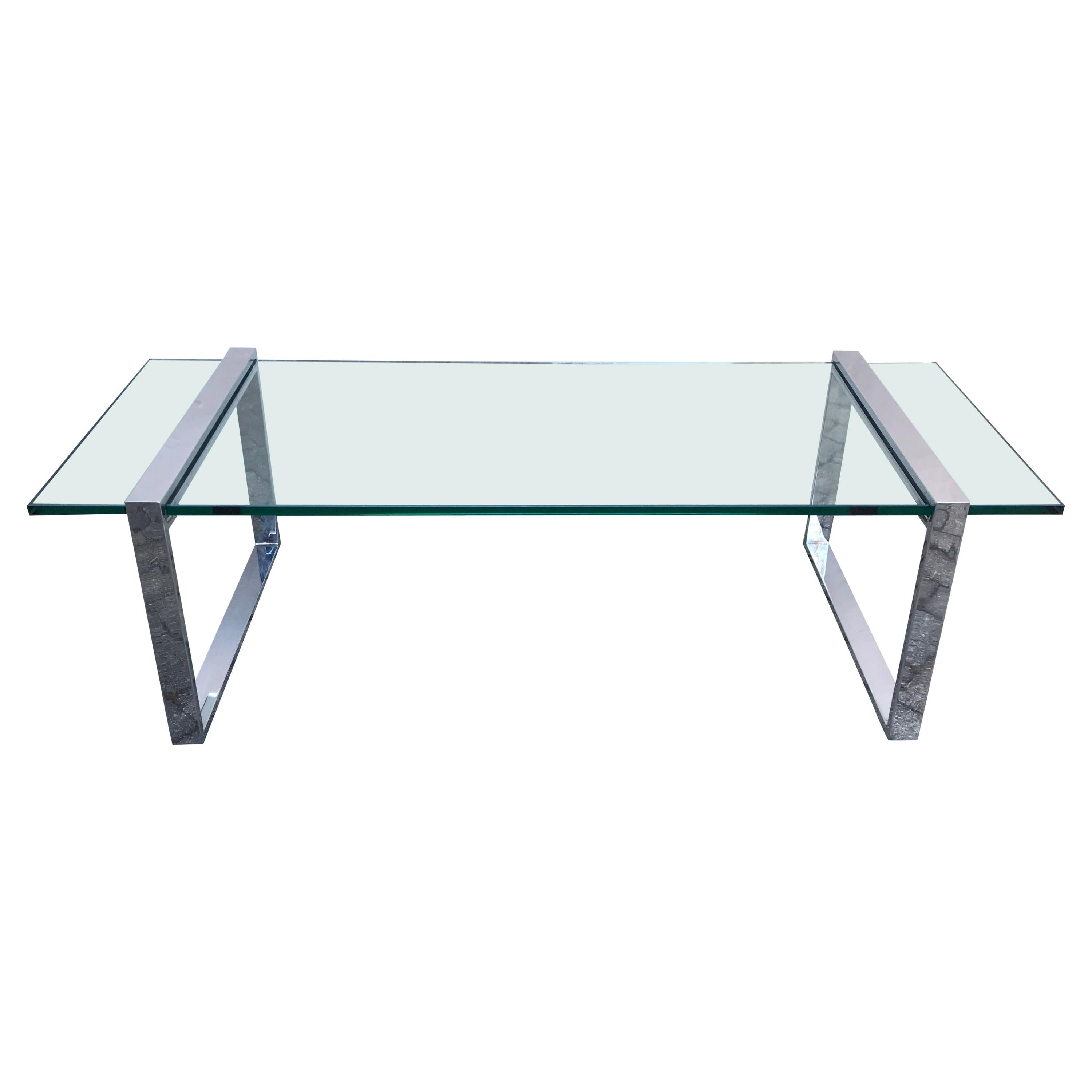 Mid Century Charles Hollis Jones Style “ Box Line” Coffee Table Chrome and Glass For Sale