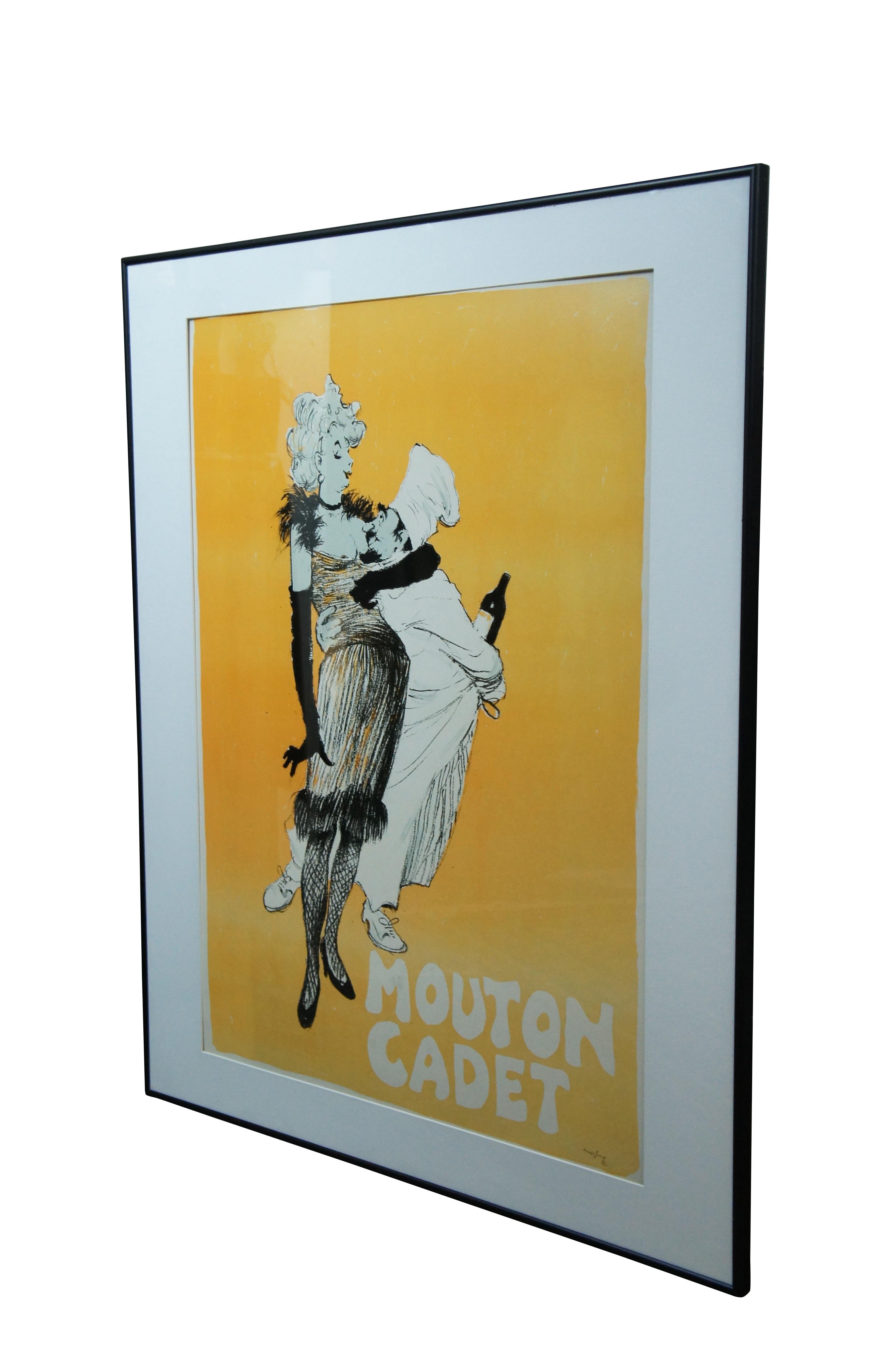 Mid century Charles Mozley poster advertisement for Mouton Cadet wine. Shows a chef with a bottle of wine behind his back, embracing a sparsely dressed can-can dancer or lady of the night on a yellow background. Similar in style to the Art Nouveau