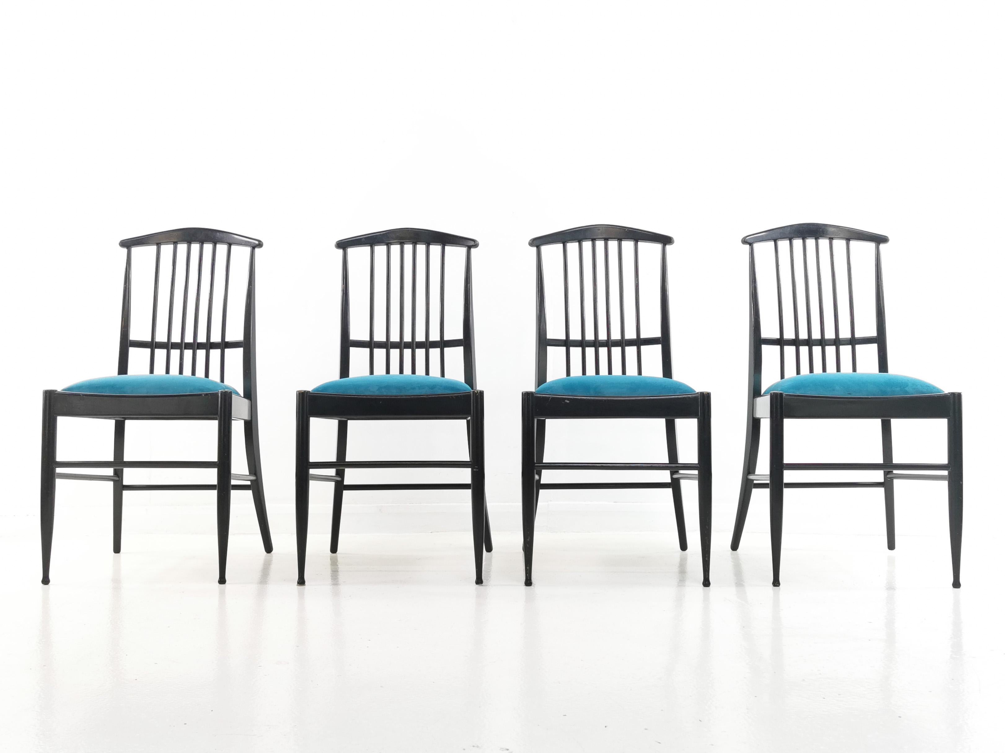Scandinavian dining set

Designed for Asko by Kerstin Horlin-Holmquist, a renowned Swedish designer, this exquisite dining set is a stunning example of 1960s Scandinavian style. This ebonized set has been reupholstered in rich turquoise blue and