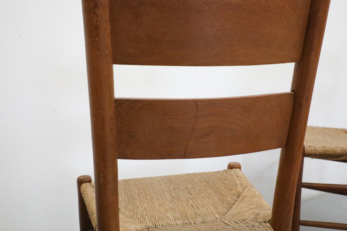 Mid-Century Charlotte Perriand Inspired Dark Stained Oak and Rush Church Chairs 4