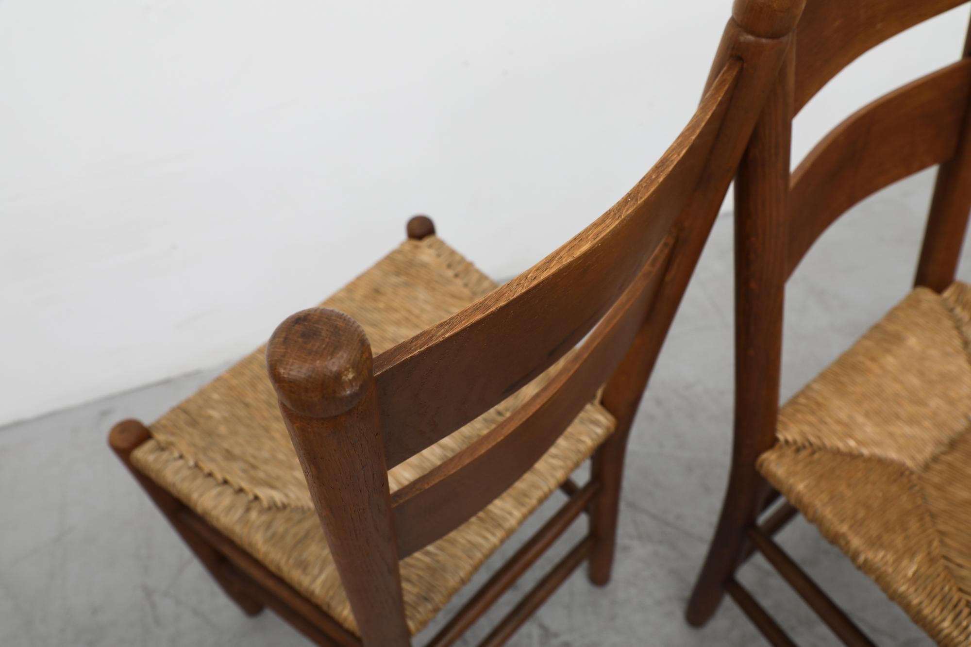 Mid-Century Charlotte Perriand Inspired Dark Stained Oak and Rush Church Chairs For Sale 5
