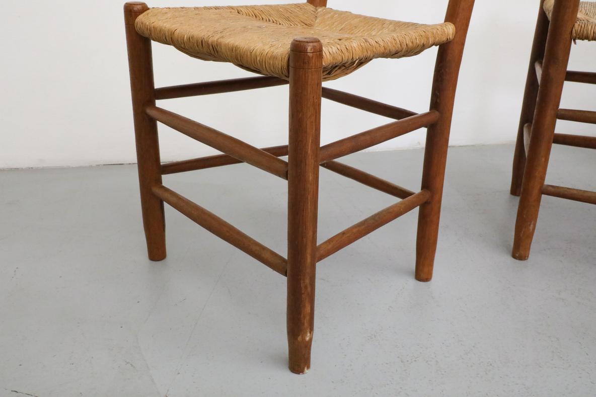 Mid-Century Charlotte Perriand Inspired Dark Stained Oak and Rush Church Chairs 5
