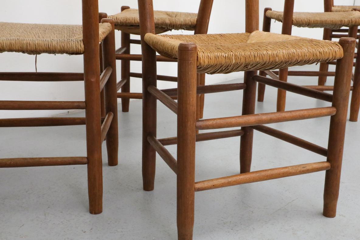 Mid-Century Charlotte Perriand Inspired Dark Stained Oak and Rush Church Chairs 6