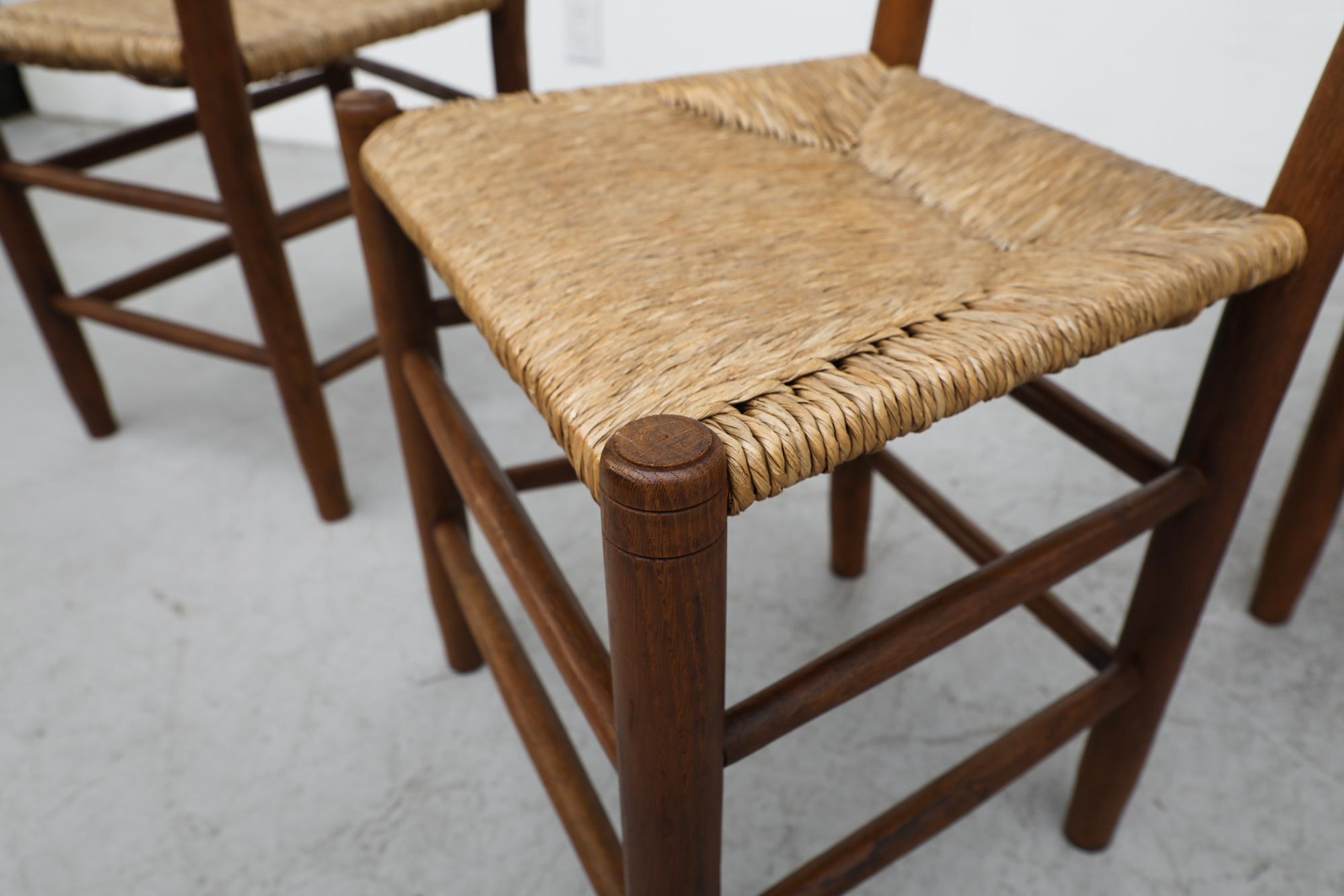 Mid-Century Charlotte Perriand Inspired Dark Stained Oak and Rush Church Chairs For Sale 7