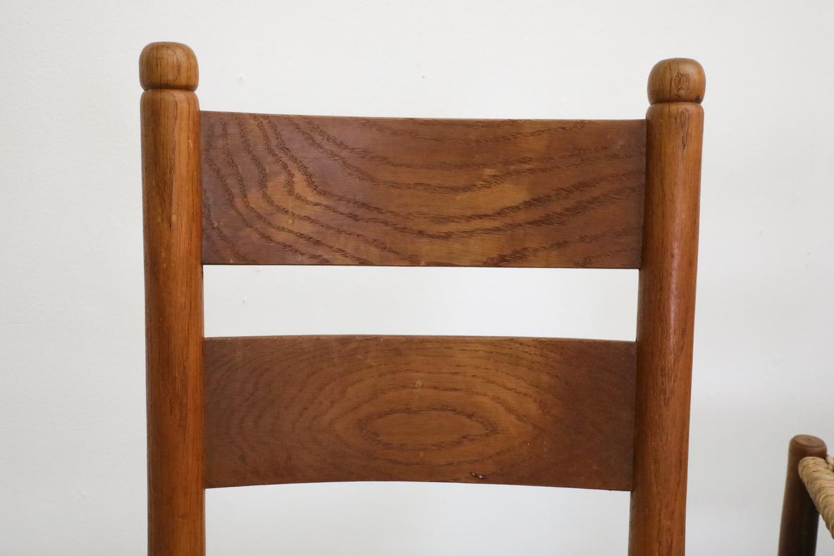 Mid-Century Charlotte Perriand Inspired Dark Stained Oak and Rush Church Chairs 7