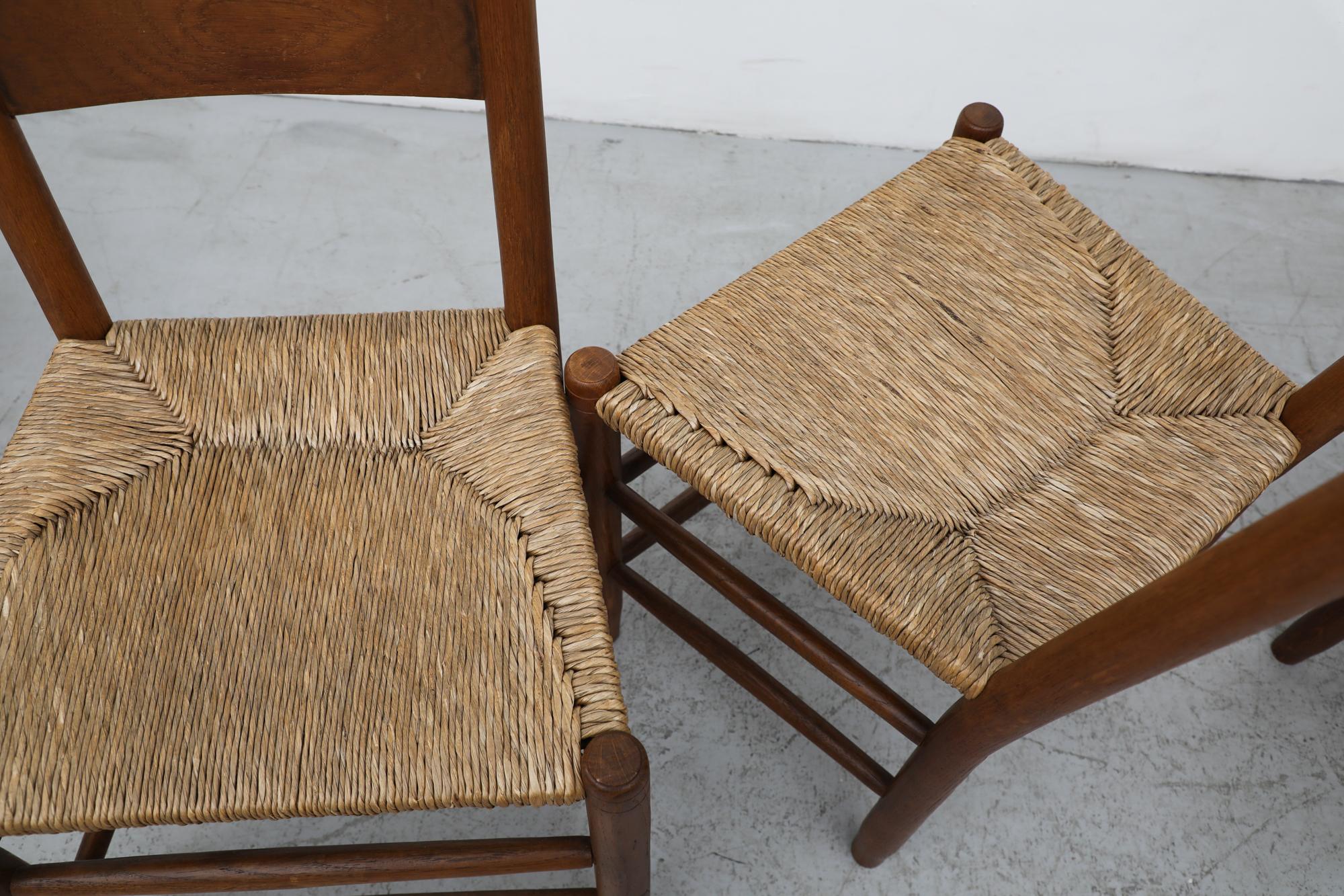 Mid-Century Charlotte Perriand Inspired Dark Stained Oak and Rush Church Chairs For Sale 9