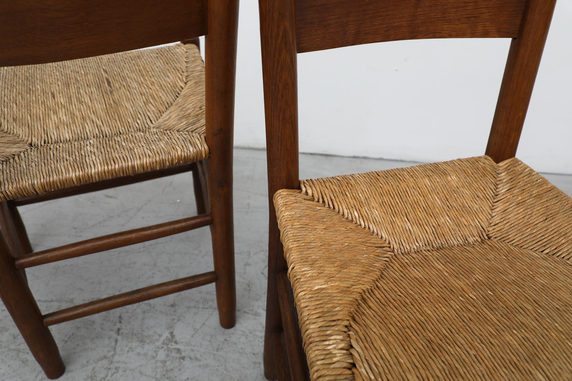 Mid-Century Charlotte Perriand Inspired Dark Stained Oak and Rush Church Chairs For Sale 10