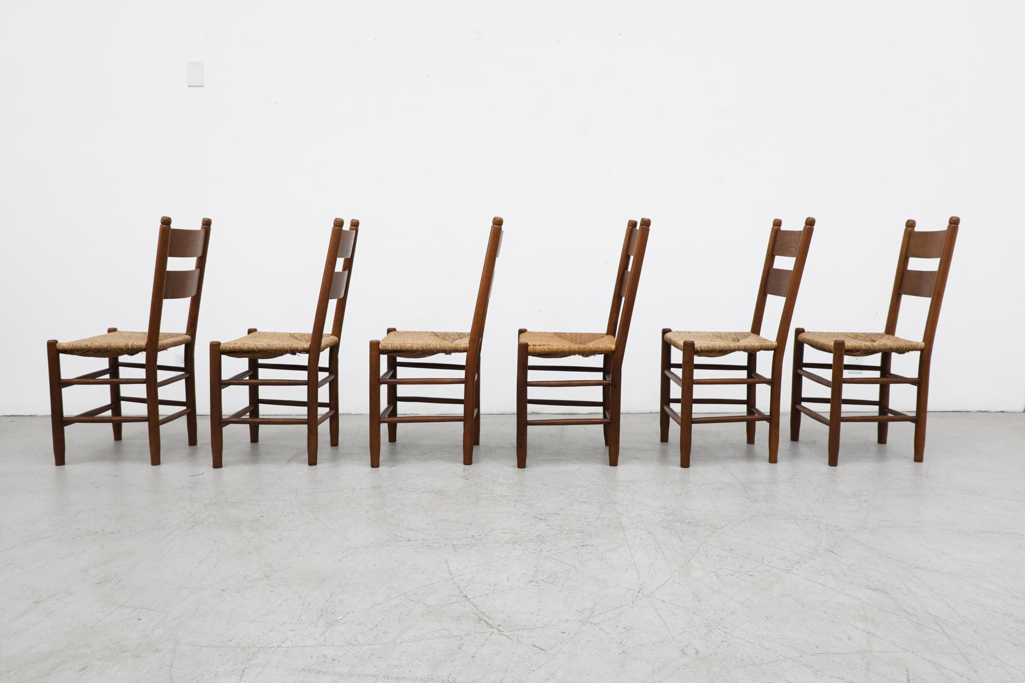 Dutch Mid-Century Charlotte Perriand Inspired Dark Stained Oak and Rush Church Chairs For Sale