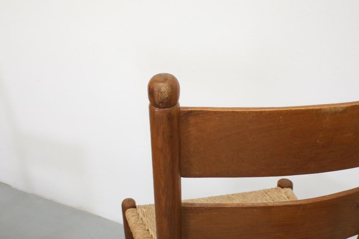 Mid-Century Charlotte Perriand Inspired Dark Stained Oak and Rush Church Chairs In Good Condition In Los Angeles, CA