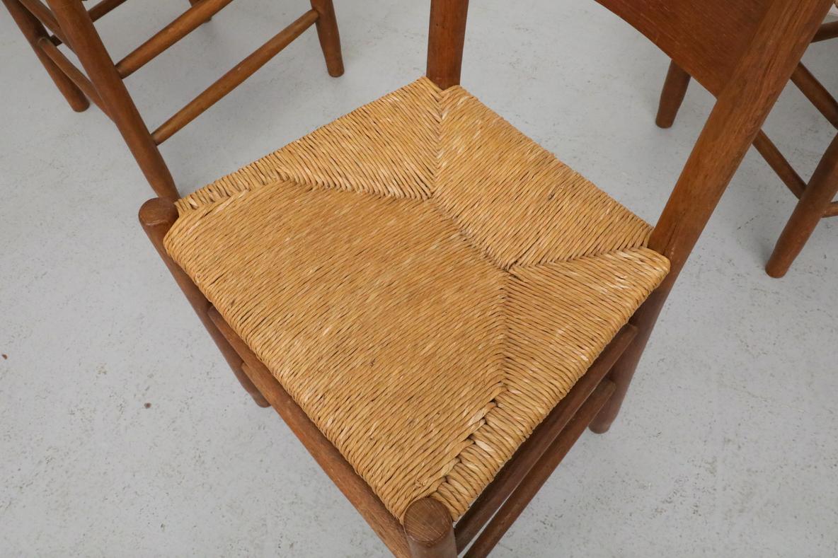 Mid-20th Century Mid-Century Charlotte Perriand Inspired Dark Stained Oak and Rush Church Chairs