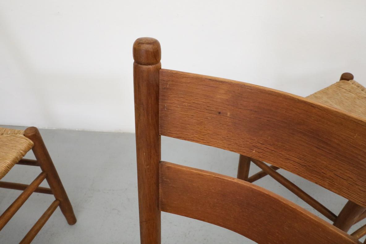 Mid-Century Charlotte Perriand Inspired Dark Stained Oak and Rush Church Chairs 1