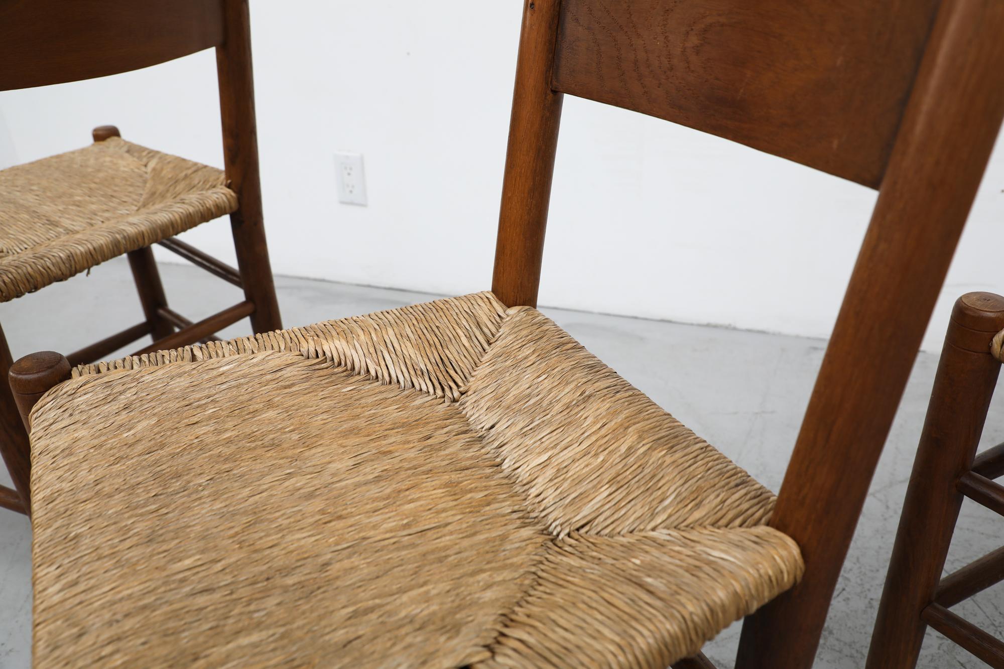Mid-Century Charlotte Perriand Inspired Dark Stained Oak and Rush Church Chairs For Sale 3
