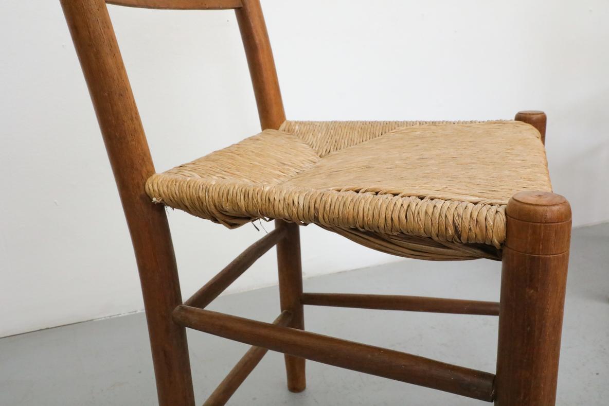 Mid-Century Charlotte Perriand Inspired Dark Stained Oak and Rush Church Chairs 3