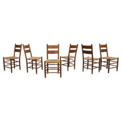 Mid-Century Charlotte Perriand Inspired Dark Stained Oak and Rush Church Chairs