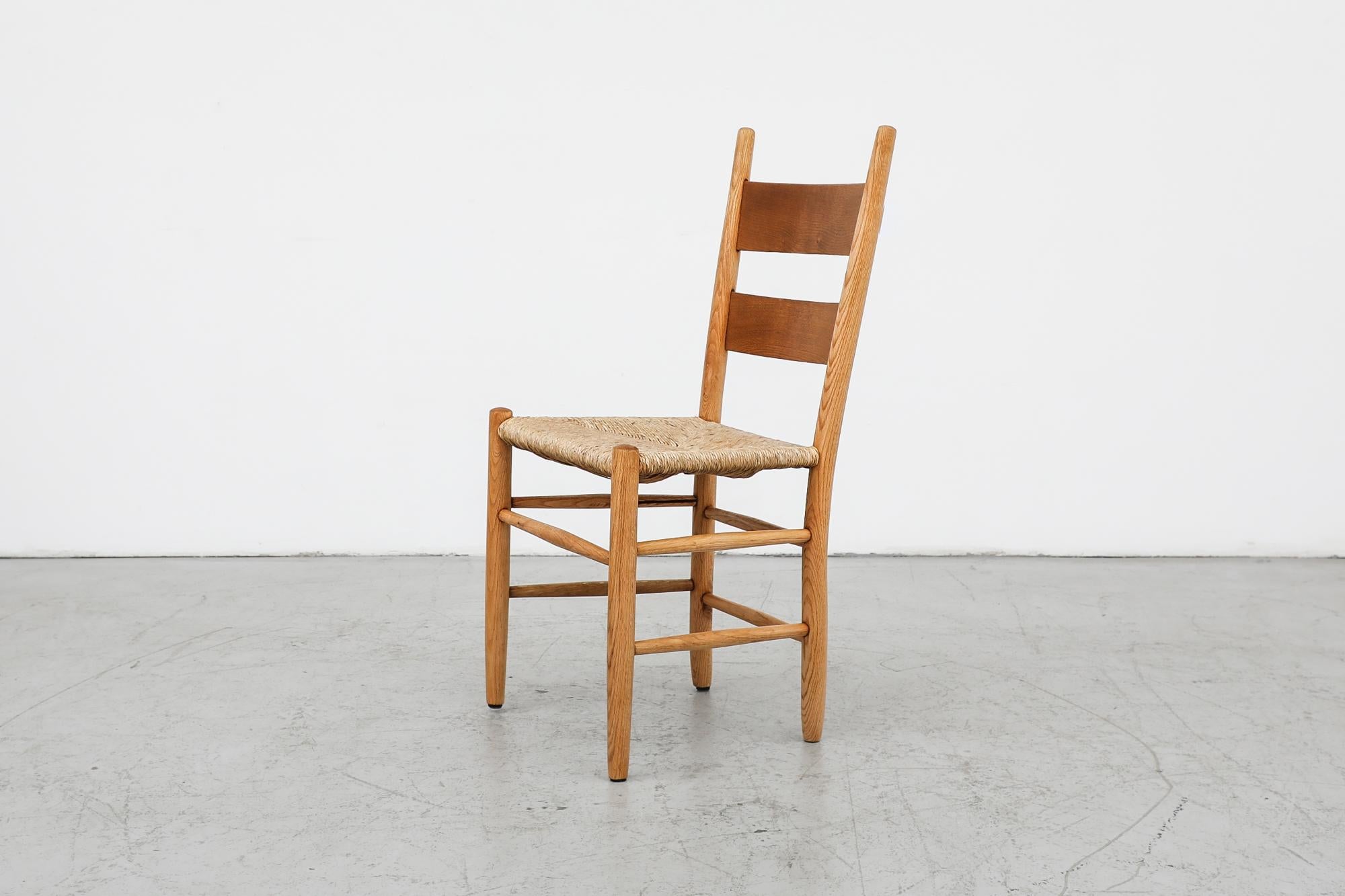 Mid-Century Perriand Inspired Ladder Back Oak Church Chairs with Rush Seats For Sale 11