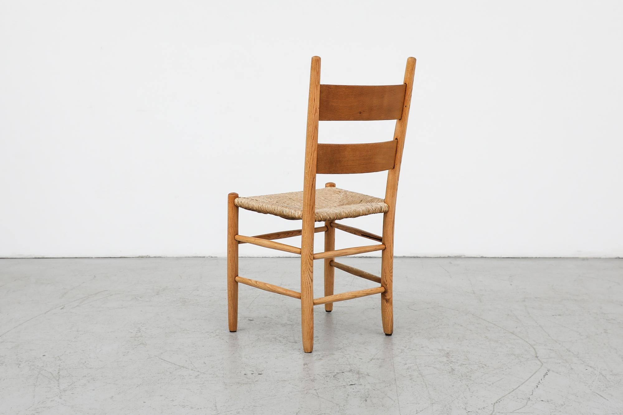 Mid-Century Perriand Inspired Ladder Back Oak Church Chairs with Rush Seats For Sale 13
