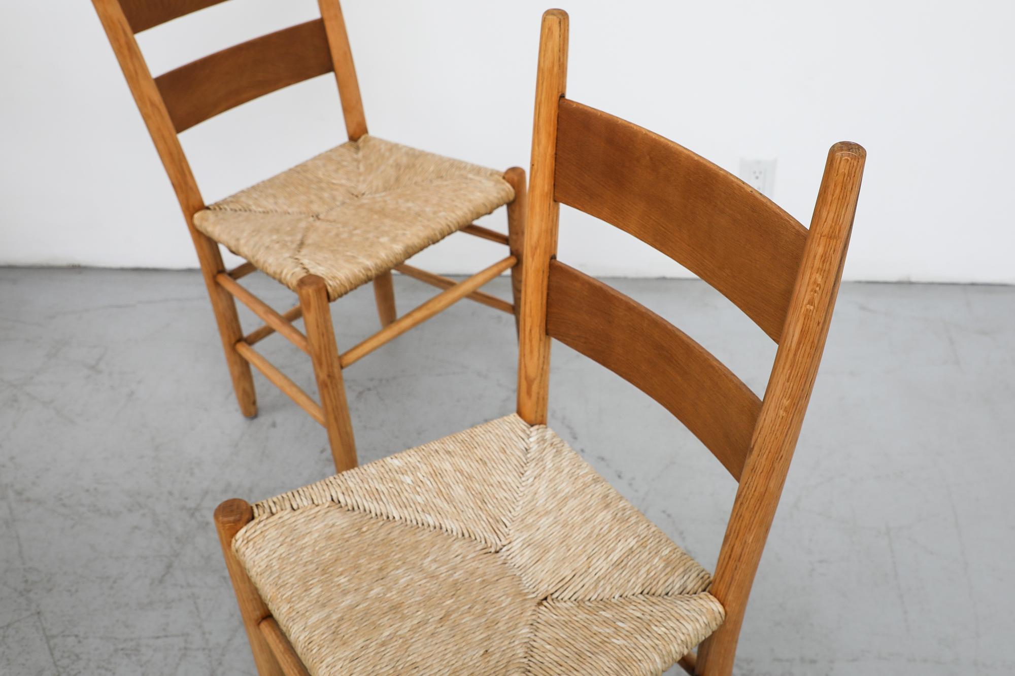 Mid-Century Modern Mid-Century Perriand Inspired Ladder Back Oak Church Chairs with Rush Seats For Sale